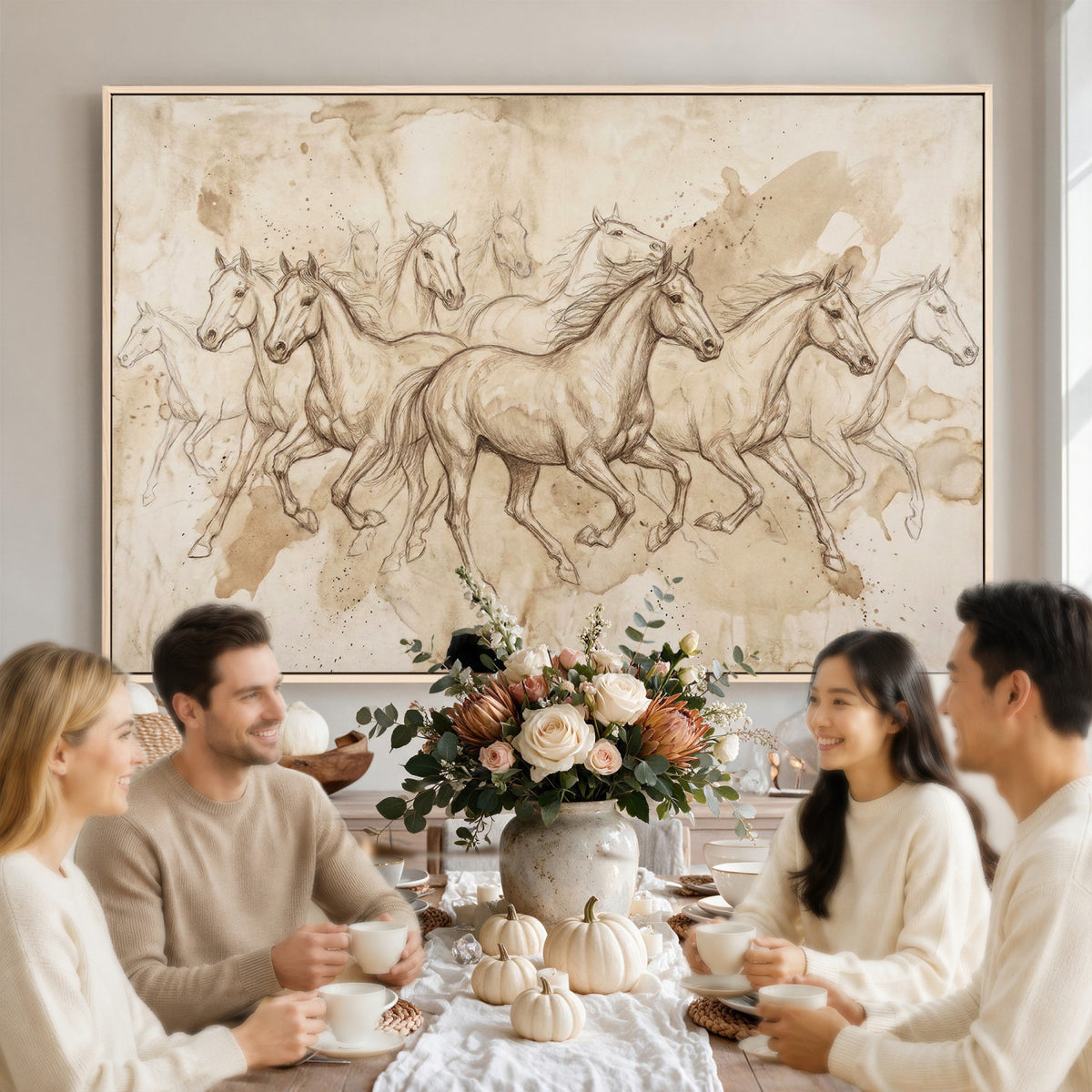 52233469-MGV-CV-36X24 - Vintage Horse Sketch Canvas Wall Art, Wild Horses Pencil Drawing Print, Antique Parchment Western Decor, Equine Sketching, Country Manor Gift