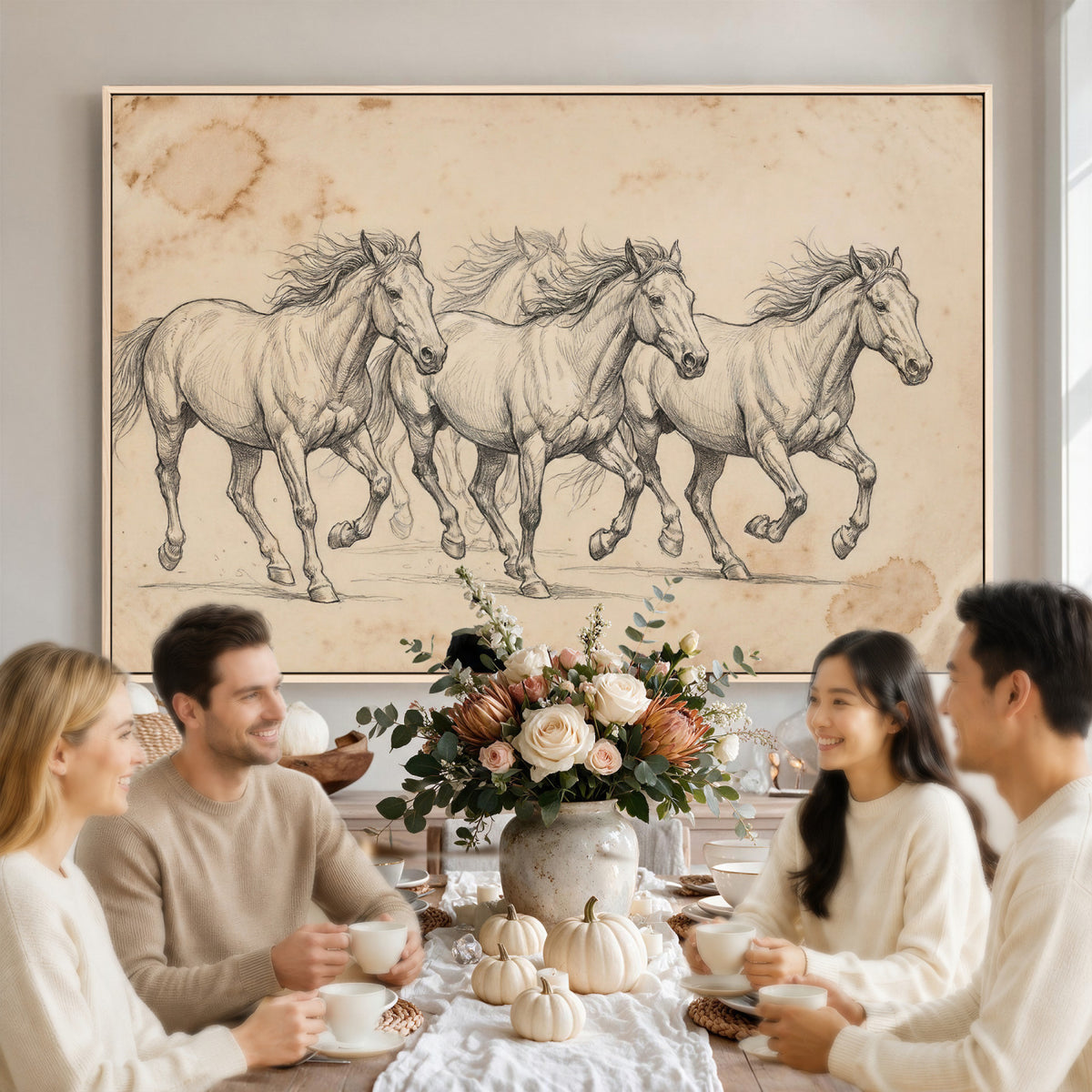 16644391-MGV-CV-36X24 - Vintage Horse Sketch Canvas Wall Art, Wild Horses Pencil Drawing Print, Antique Parchment Western Decor, Equine Sketching, Country Manor Gift