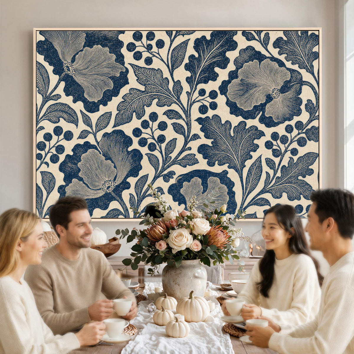23824002-MGV-CV-36X24 - William Morris Style Navy Blue Floral Wall Art Canvas Print, Vintage Cream Botanical Painting Print