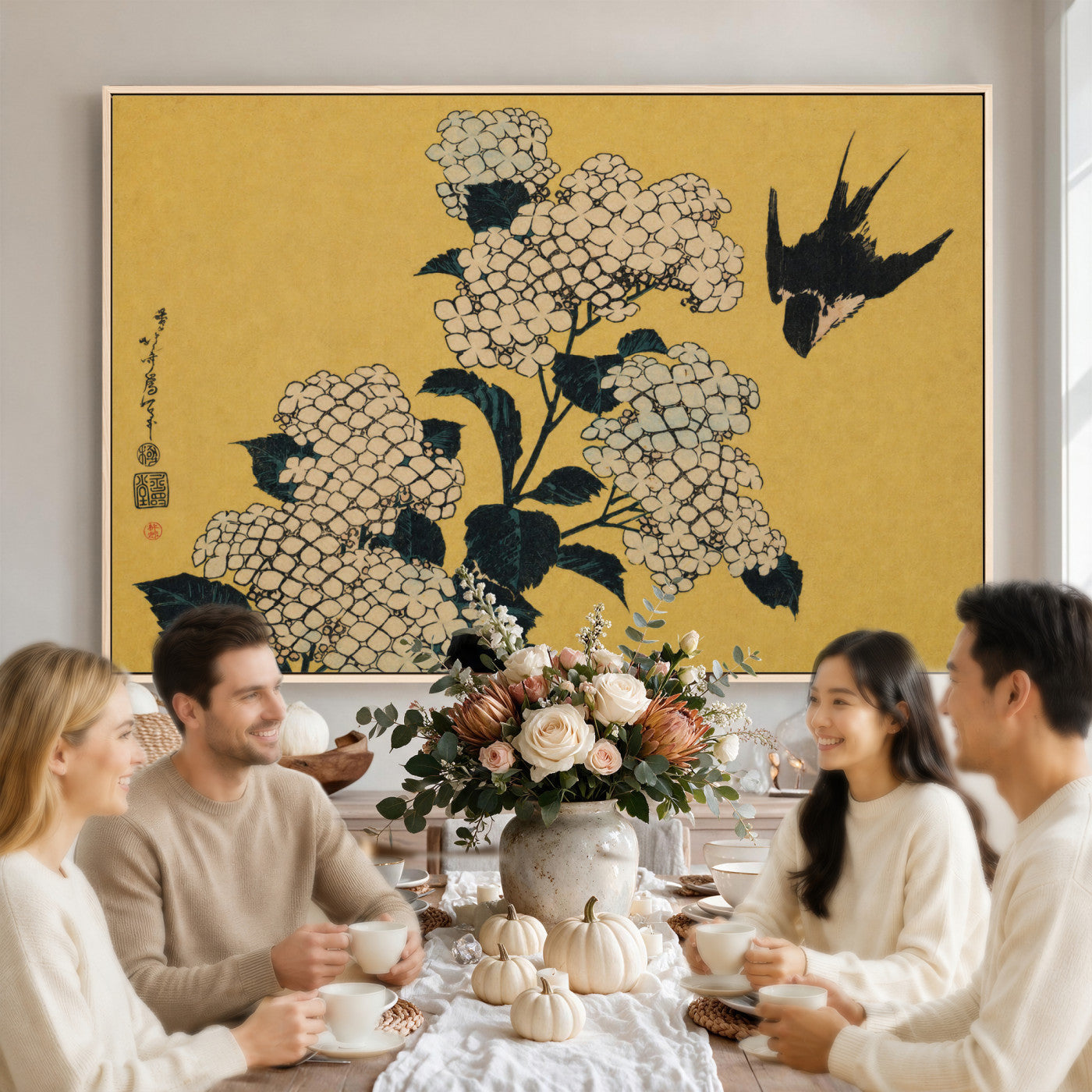 92483501-MGV-CV-36X24 - Katsushika Hokusai Hydrangea and Swallow Wall Art Canvas Print, Japanese Woodblock Painting Print