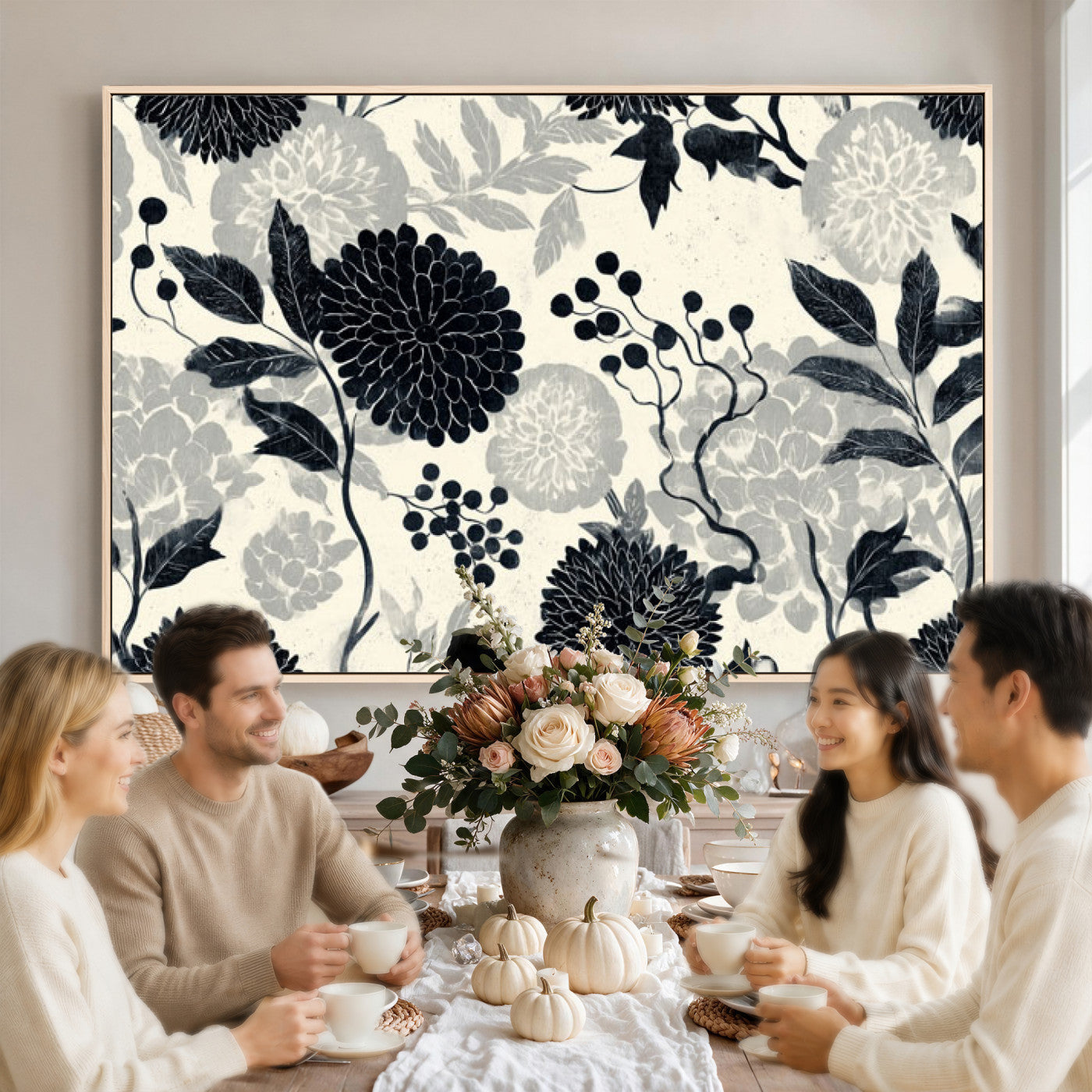 61524791-MGV-CV-36X24 - Vintage Black Chrysanthemum Wall Art Canvas Print, Monochrome Dhalia Floral Painting Print