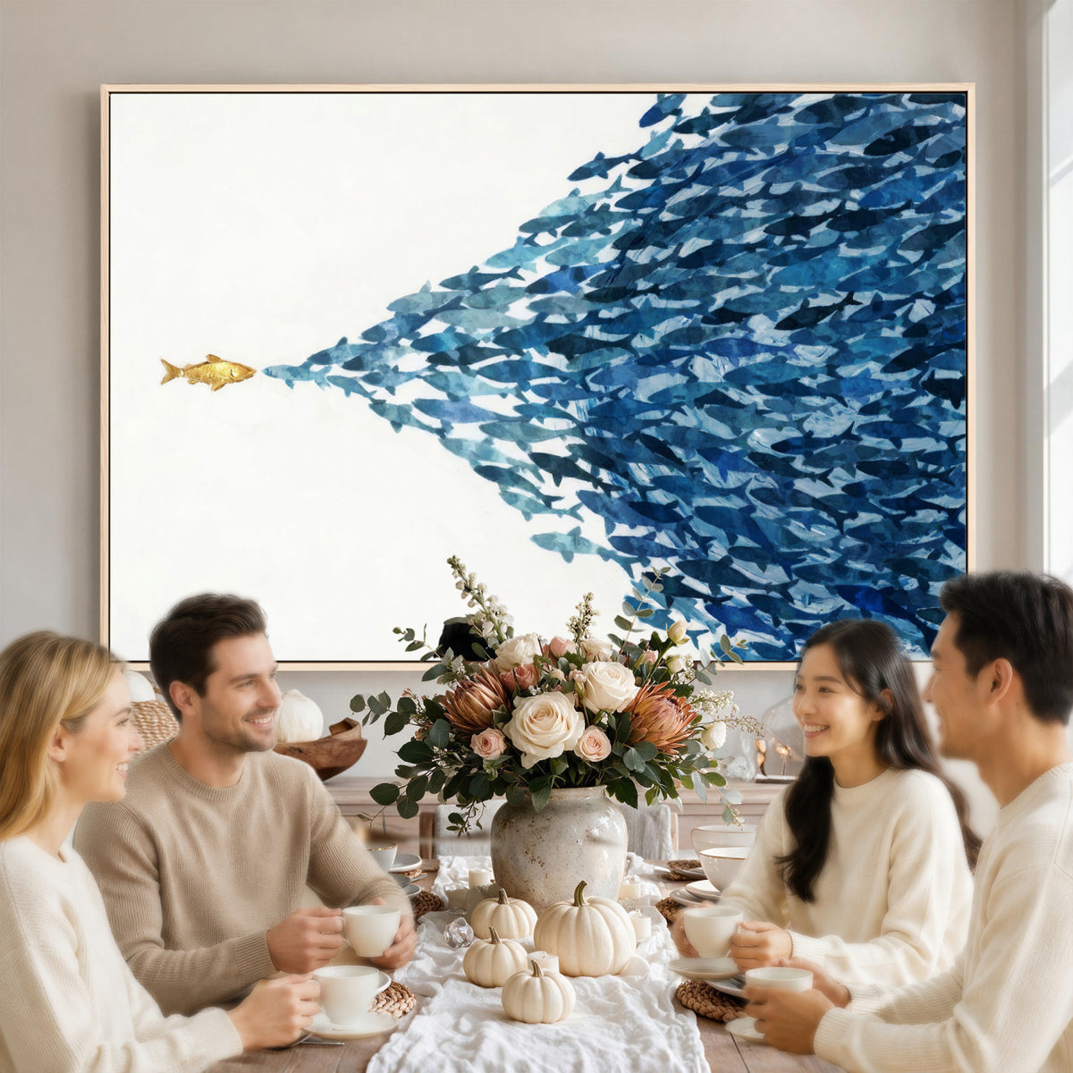 79089639-MGV-CV-36X24 - Abstract Blue Fish School Canvas Wall Art, Gold Foil Accent Marine Print