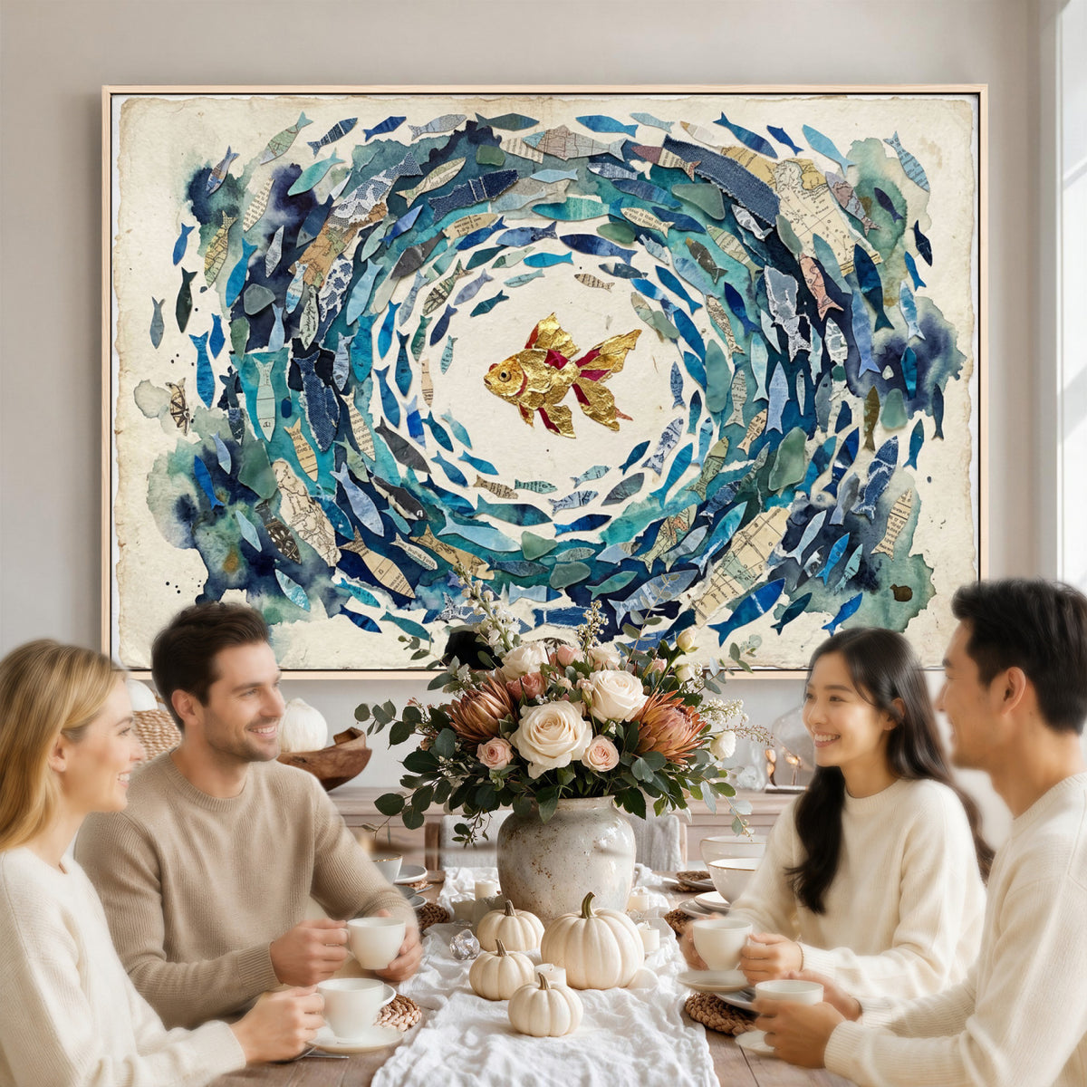 73165663-MGV-CV-36X24 - Mixed Media Blue Fish Swirl Canvas Wall Art, Goldfish Collage Ocean Print