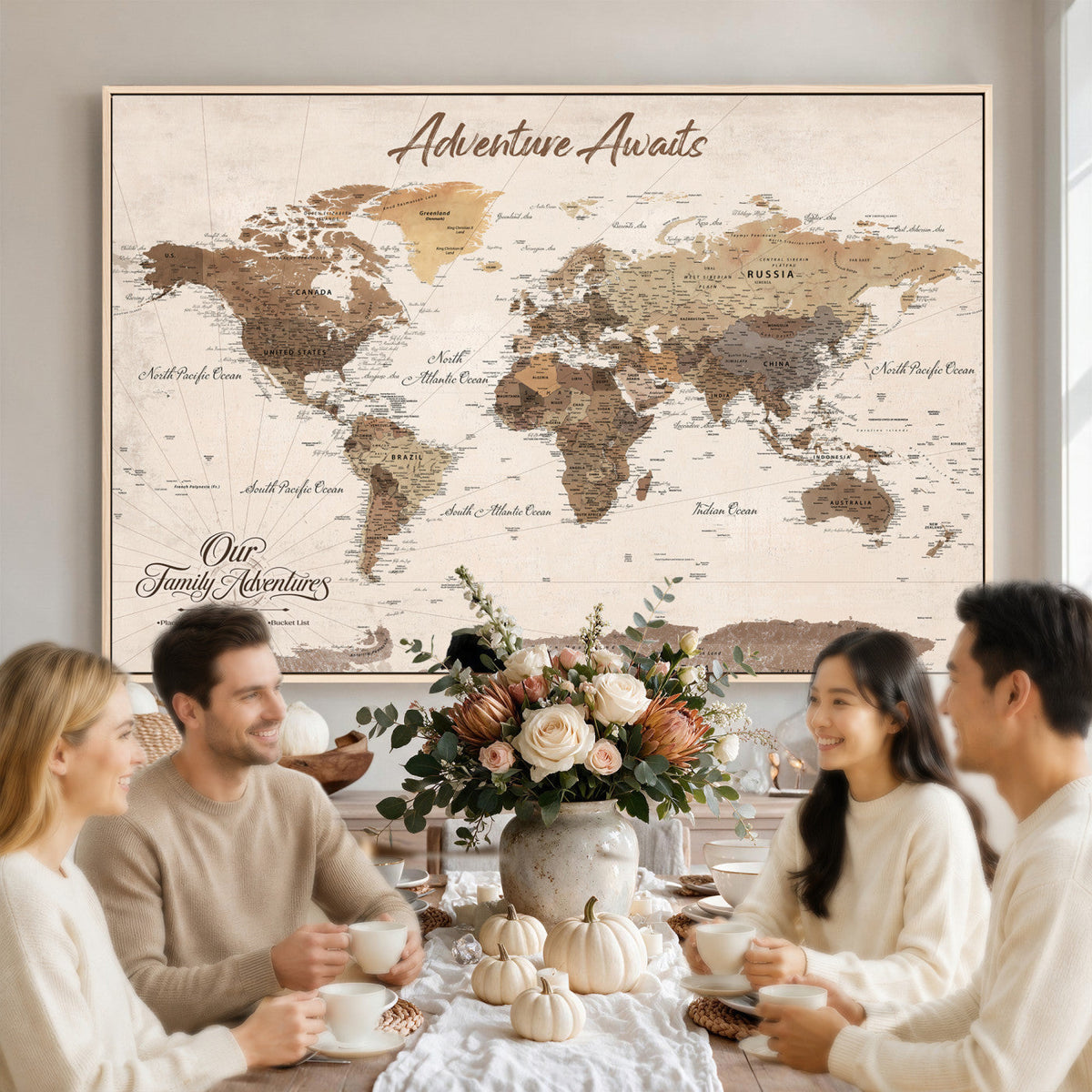 84865191-MGV-CV-36X24 - Our Family Adventures Push Pin World Map Wall Art Canvas Print - Family Travel Tracker Map with Pins
