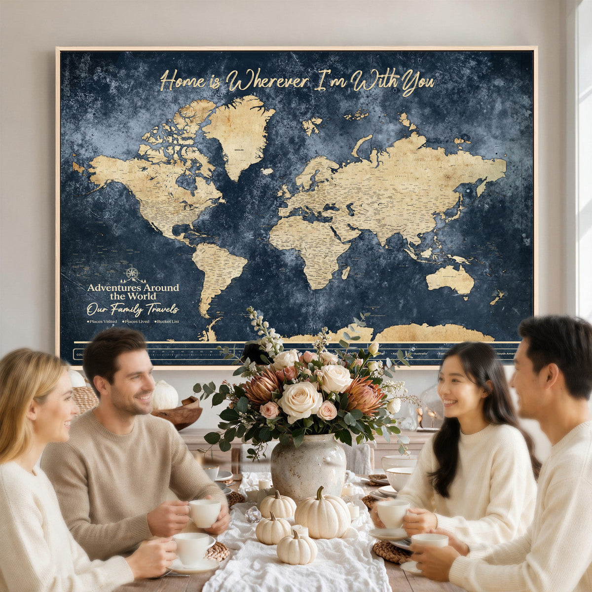 98668848-MGV-CV-36X24 - Our Family Adventures Push Pin World Map Wall Art Canvas Print - Family Travel Tracker Map with Pins
