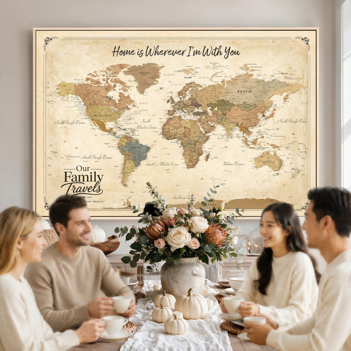 94272126-MGV-CV-36X24 - Our Family Adventures Push Pin World Map Wall Art Canvas Print - Family Travel Tracker Map with Pins