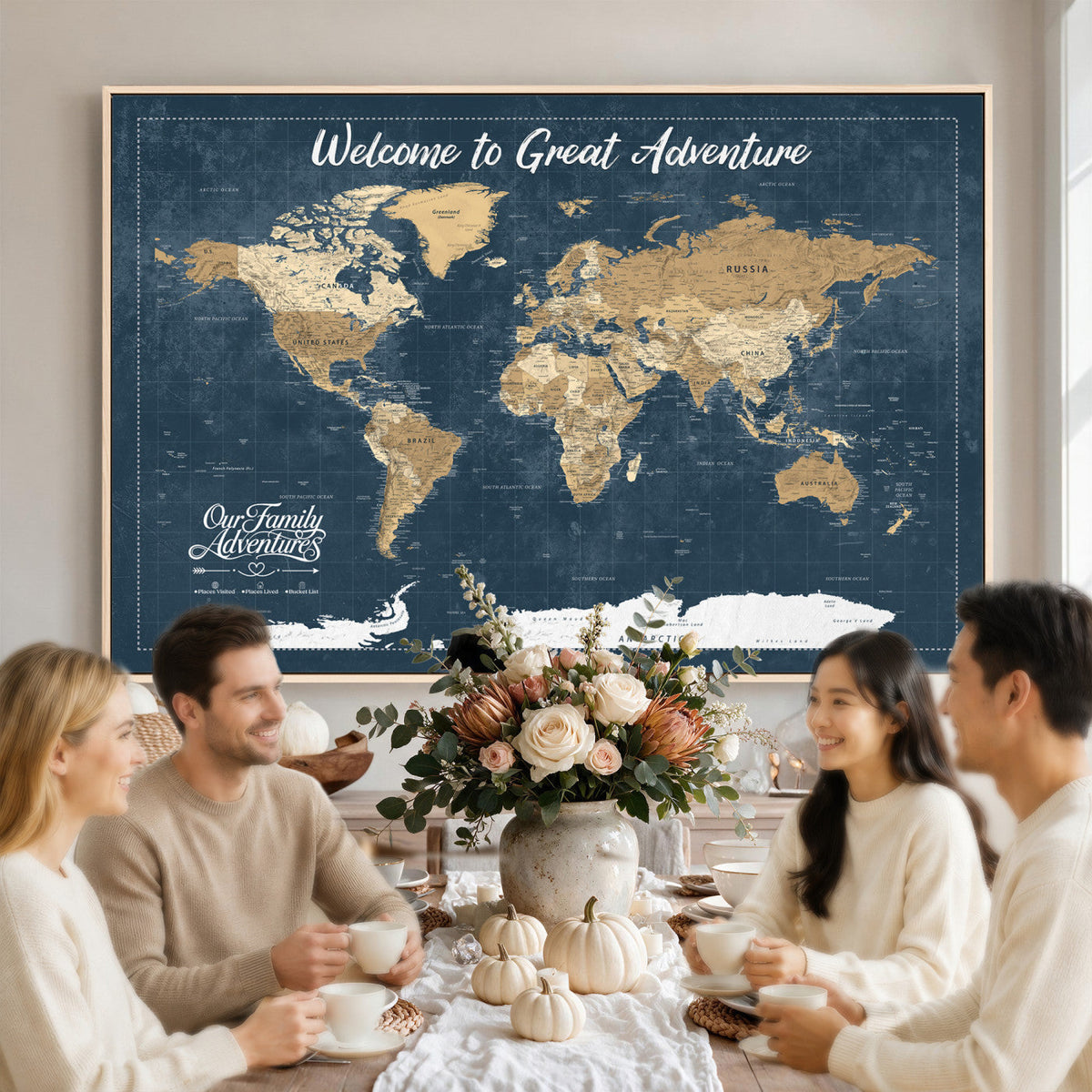 86877844-MGV-CV-36X24 - Our Family Adventures Push Pin World Map Wall Art Canvas Print - Family Travel Tracker Map with Pins