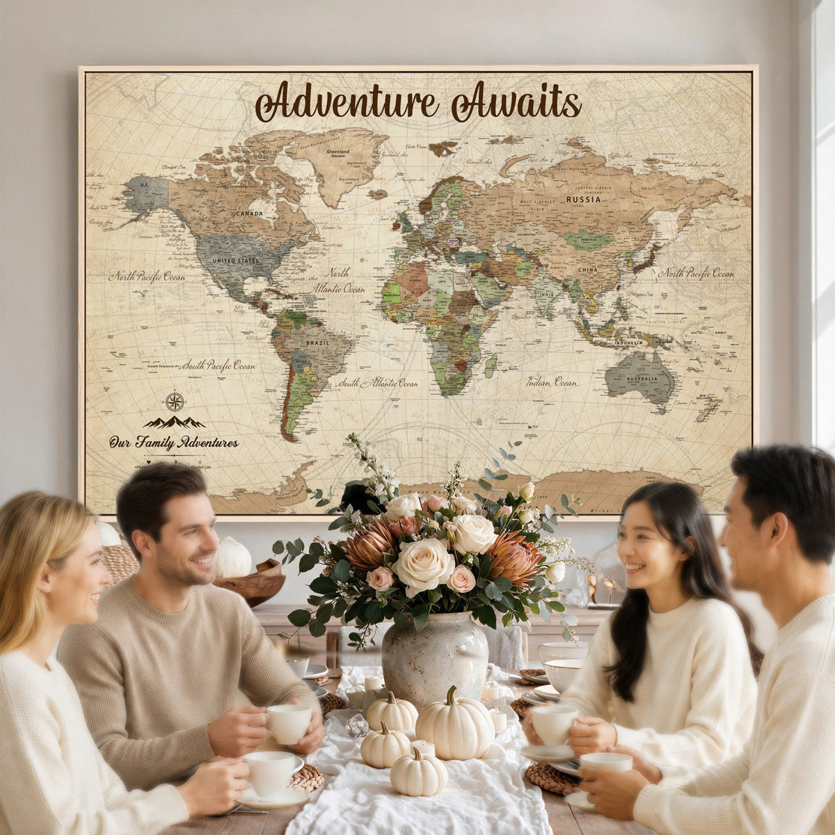 12264959-MGV-CV-36X24 - Our Family Adventures Push Pin World Map Wall Art Canvas Print - Family Travel Tracker Map with Pins