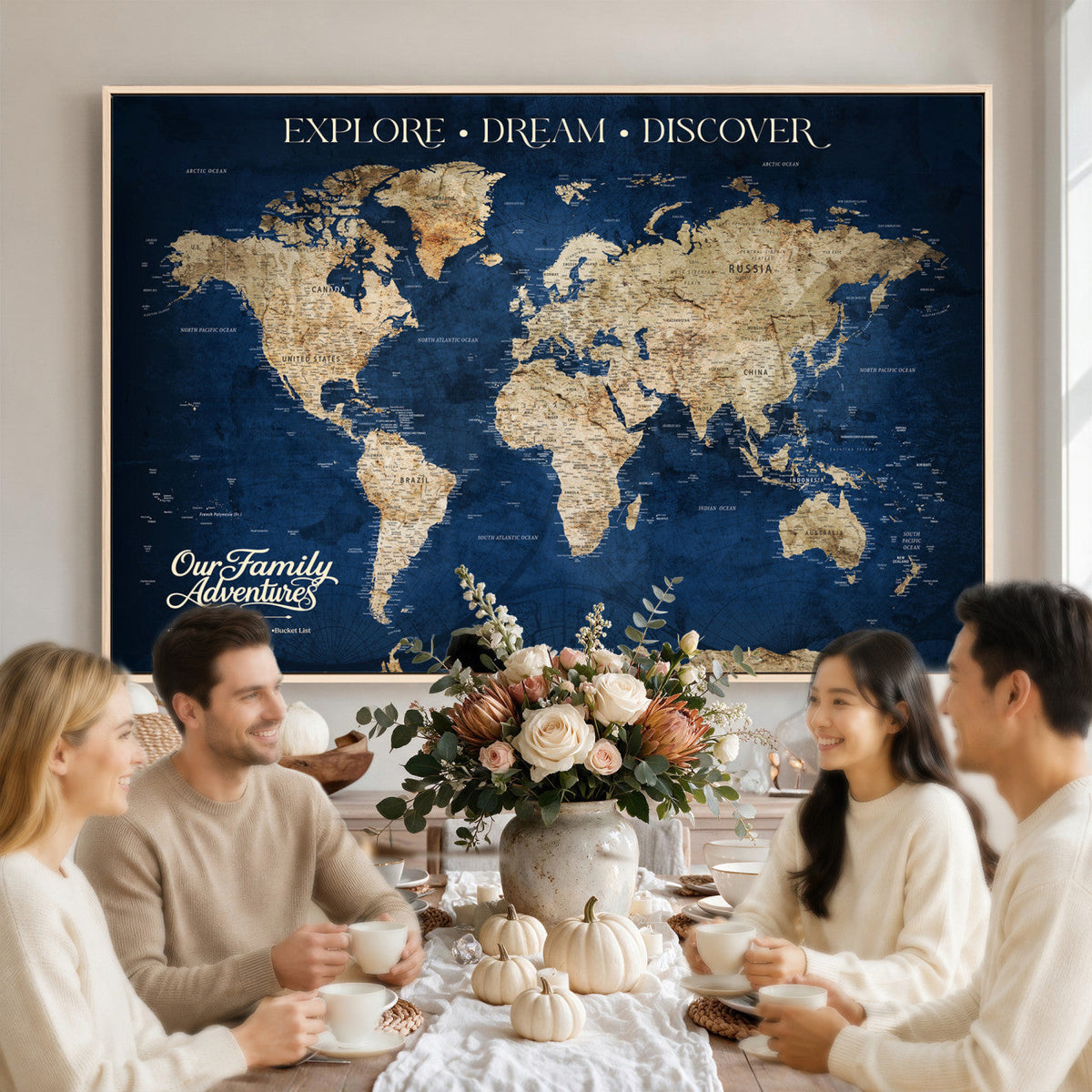 96125512-MGV-CV-36X24 - Our Family Adventures Push Pin World Map Wall Art Canvas Print - Family Travel Tracker Map with Pins