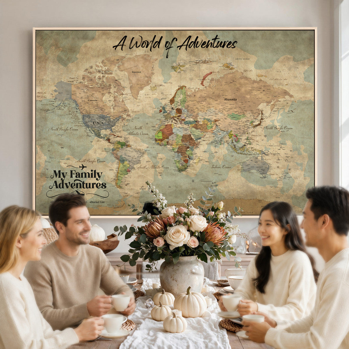 57377793-MGV-CV-36X24 - Our Family Adventures Push Pin World Map Wall Art Canvas Print - Family Travel Tracker Map with Pins