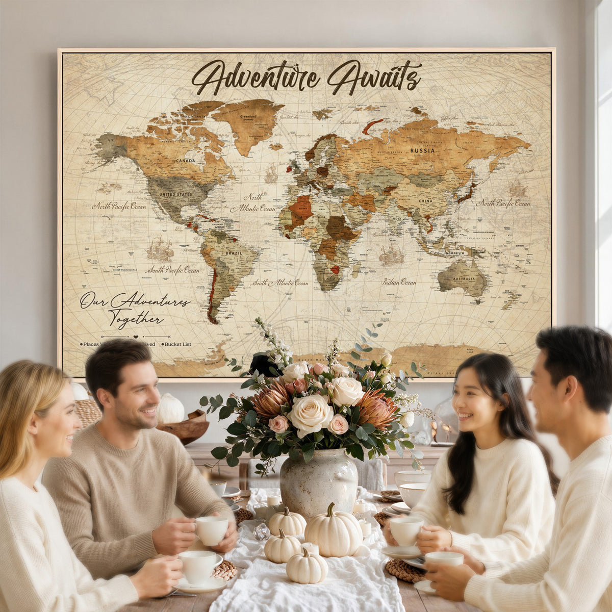 94237870-MGV-CV-36X24 - Our Family Adventures Push Pin World Map Wall Art Canvas Print - Family Travel Tracker Map with Pins