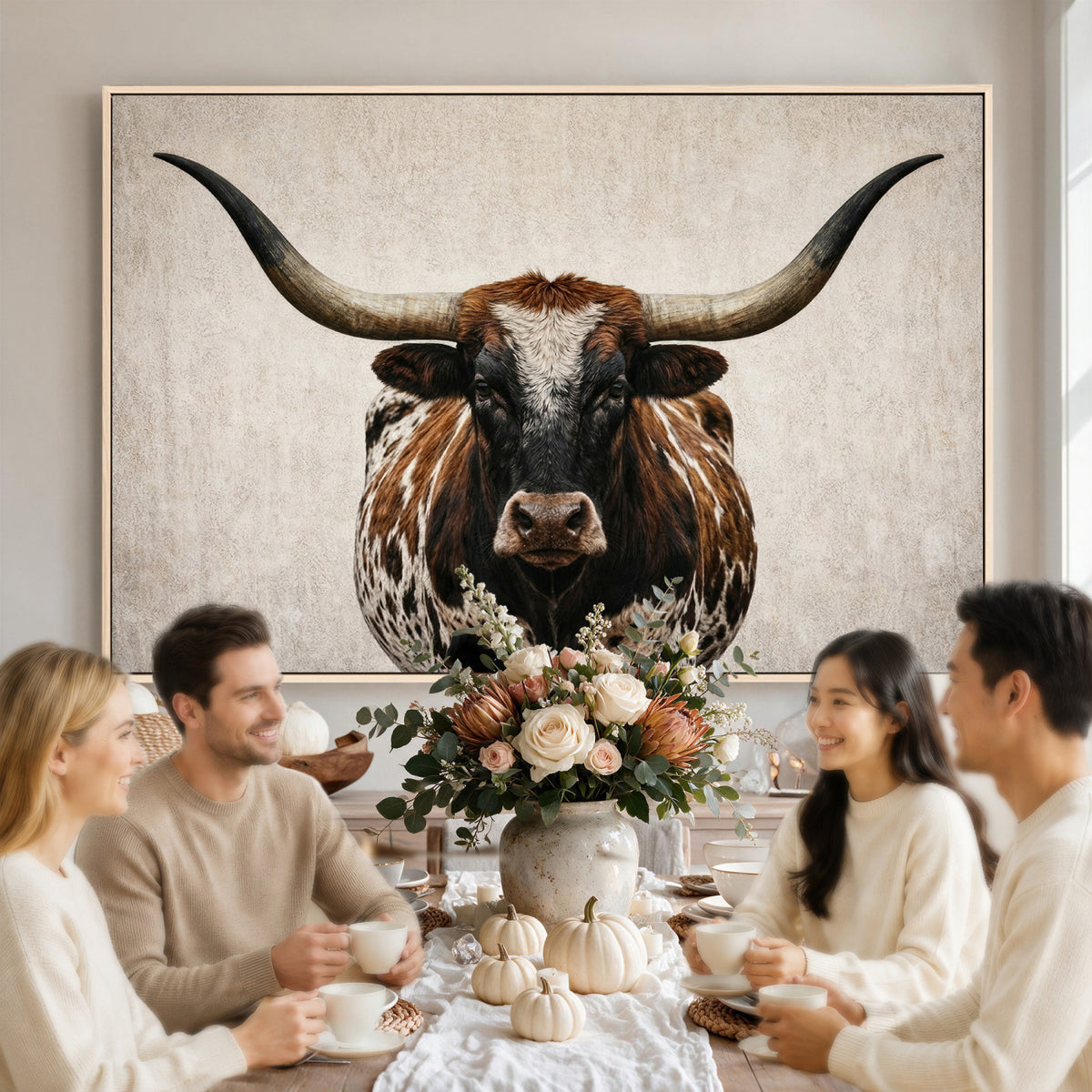 58622065-MGV-CV-36X24 - Texas Longhorn Canvas Wall Art Western Bull Desert Moody Grey Overcast Rustic Farmhouse Framed Large for Living Room Bedroom Office Decor