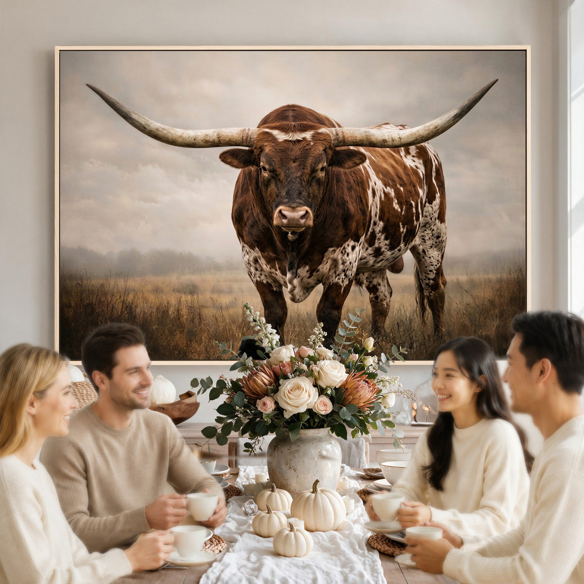 25239047A-MGV-CV-36X24 - Texas Longhorn Canvas Wall Art Western Bull Desert Moody Grey Overcast Rustic Farmhouse Framed Large for Living Room Bedroom Office Decor