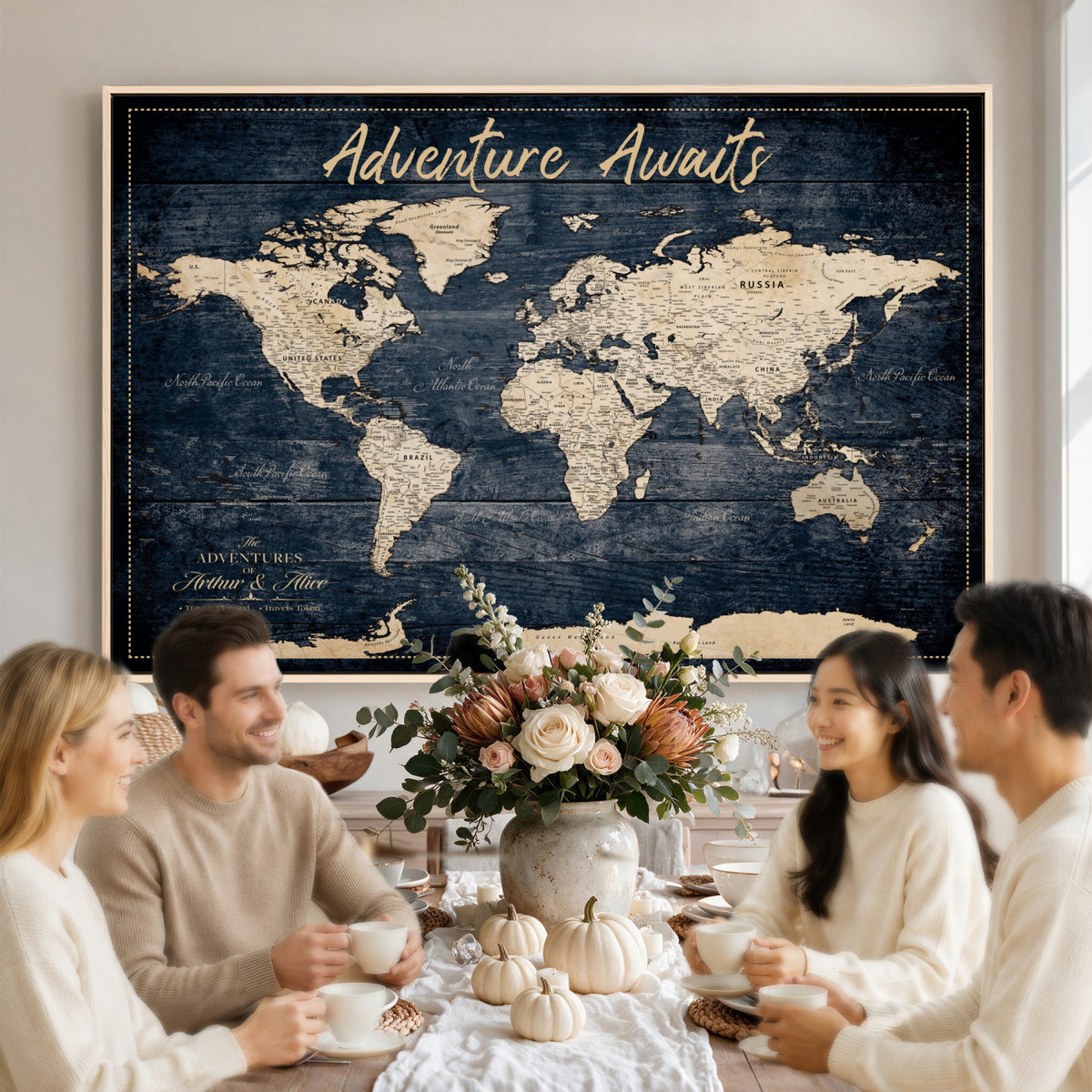 68817382-MGV-CV-36X24 - Extra Large Vintage Personalized Push Pin World Map Wall Art Canvas Print