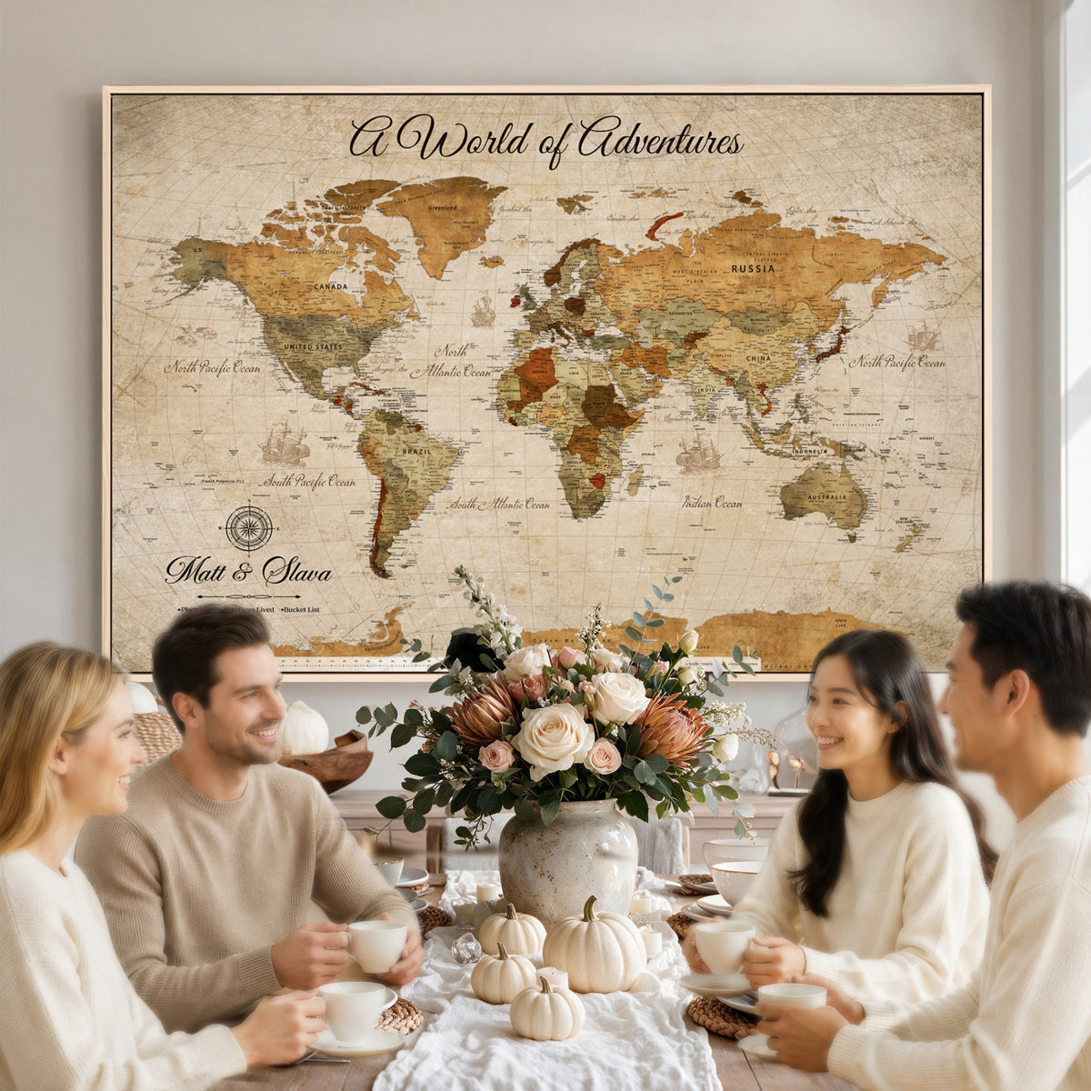 88768647-MGV-CV-36X24 - Extra Large Framed Personalize Push Pin World Map Wall Art Canvas Print for Travel Tracking