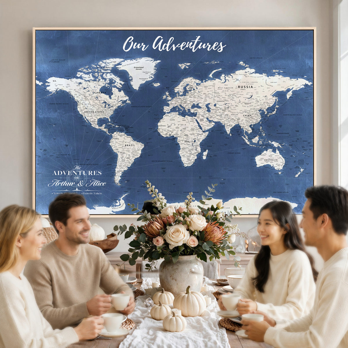 75405527-MGV-CV-36X24 - Extra Large Framed Personalize Push Pin World Map Wall Art Canvas Print for Travel Tracking