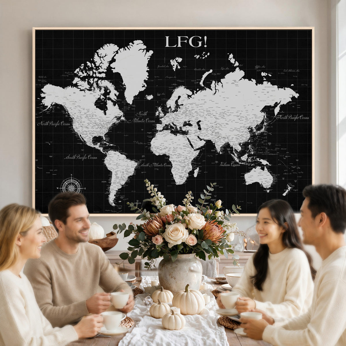 68209291-MGV-CV-36X24 - Extra Large Framed Personalize Push Pin World Map Wall Art Canvas Print for Travel Tracking