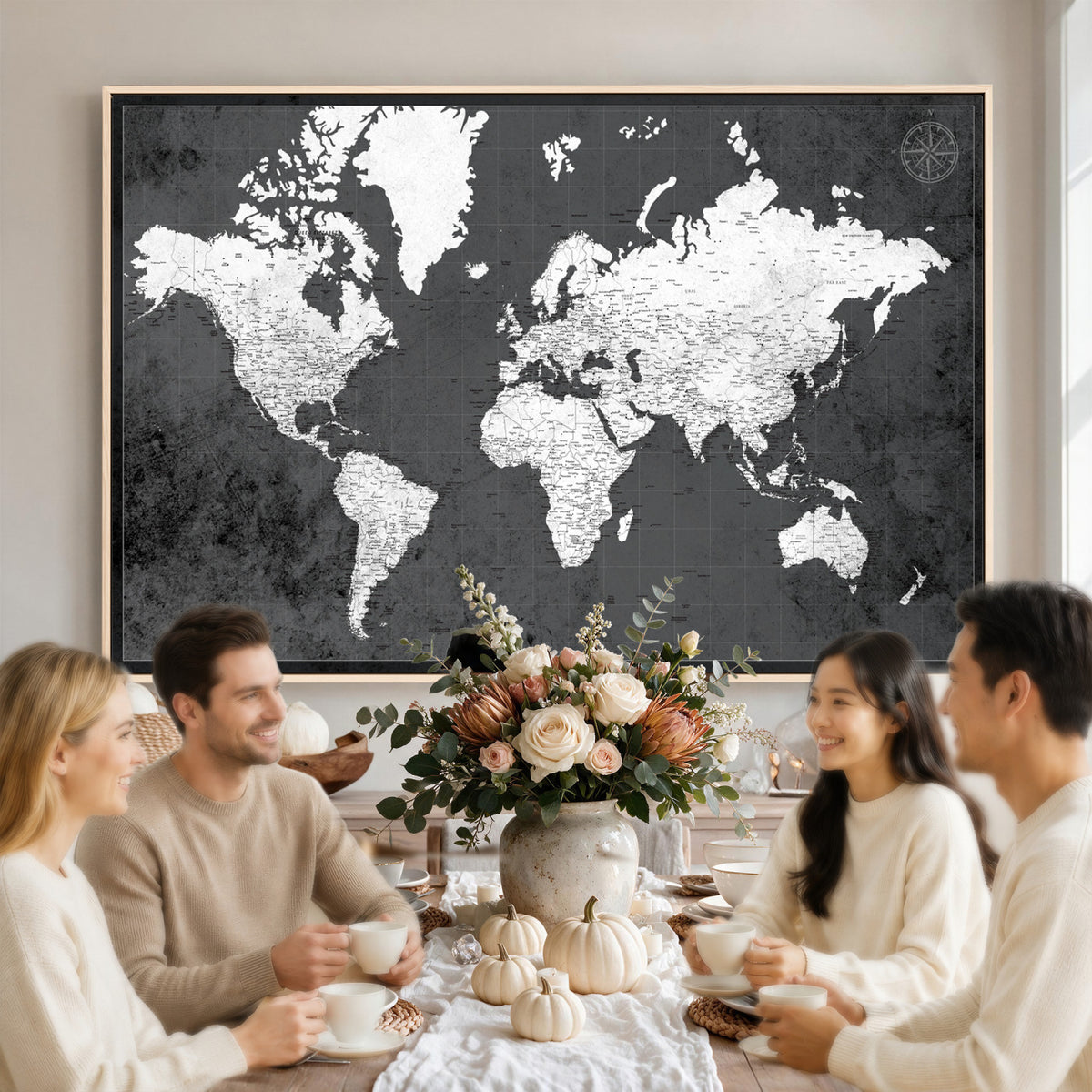 78574966-MGV-CV-36X24 - Extra Large Framed Personalize Push Pin World Map Wall Art Canvas Print for Travel Tracking