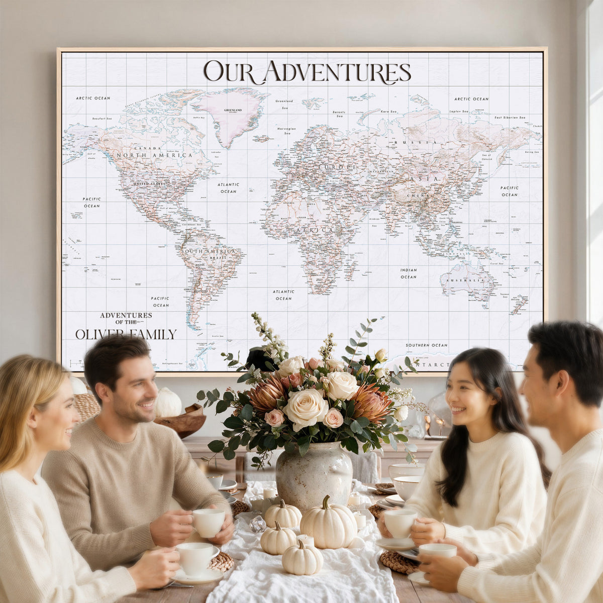 18074626D3DD-MGV-CV-36X24 - Extra Large Framed Personalize Push Pin World Map Wall Art Canvas Print for Travel Tracking NEWMAP - 015