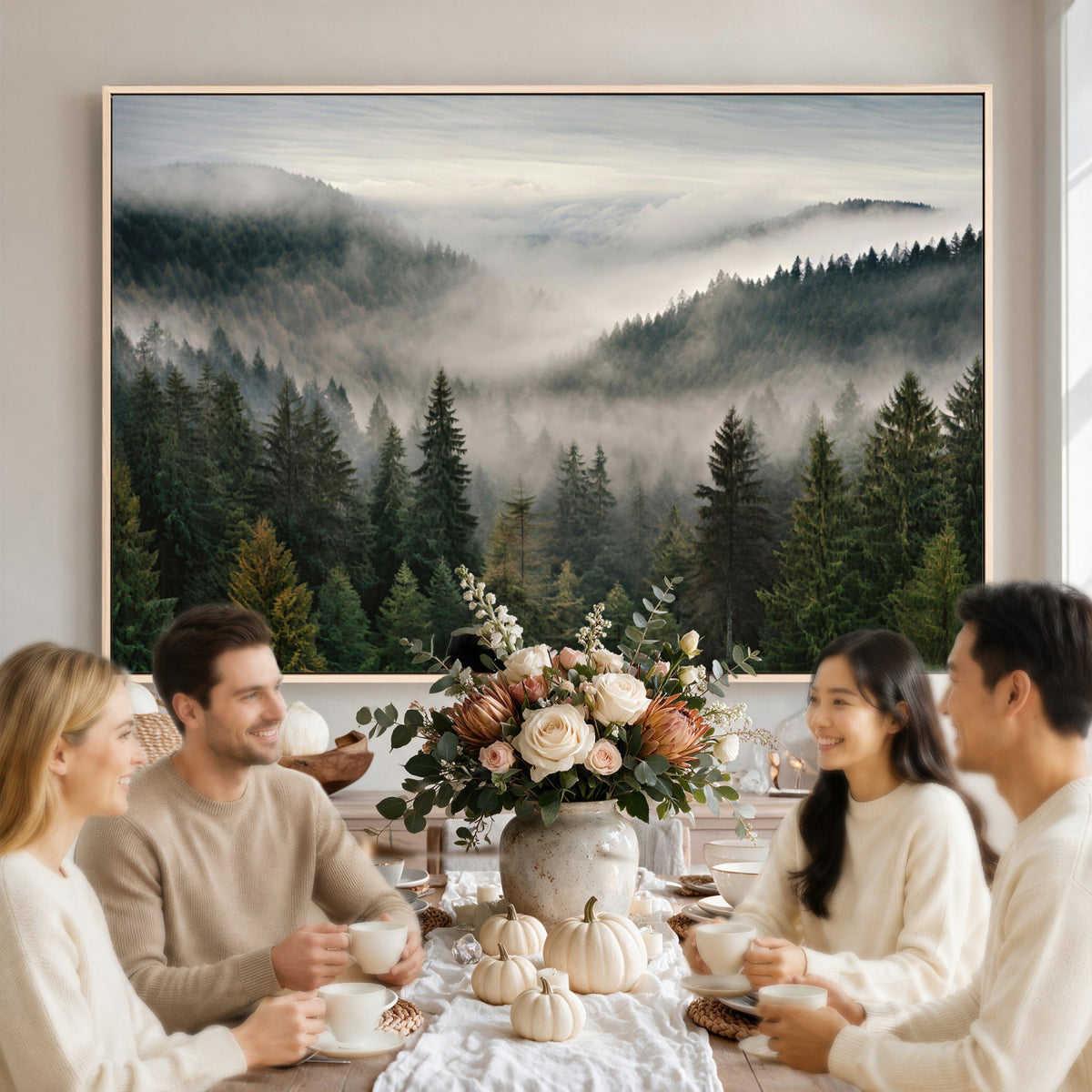 38409495-_Poster-30x20 - Misty Pine Valley Mountain Canvas Print 3 Piece Framed Wall Art Extra Large Floating Frame Nature Poster Made in USA