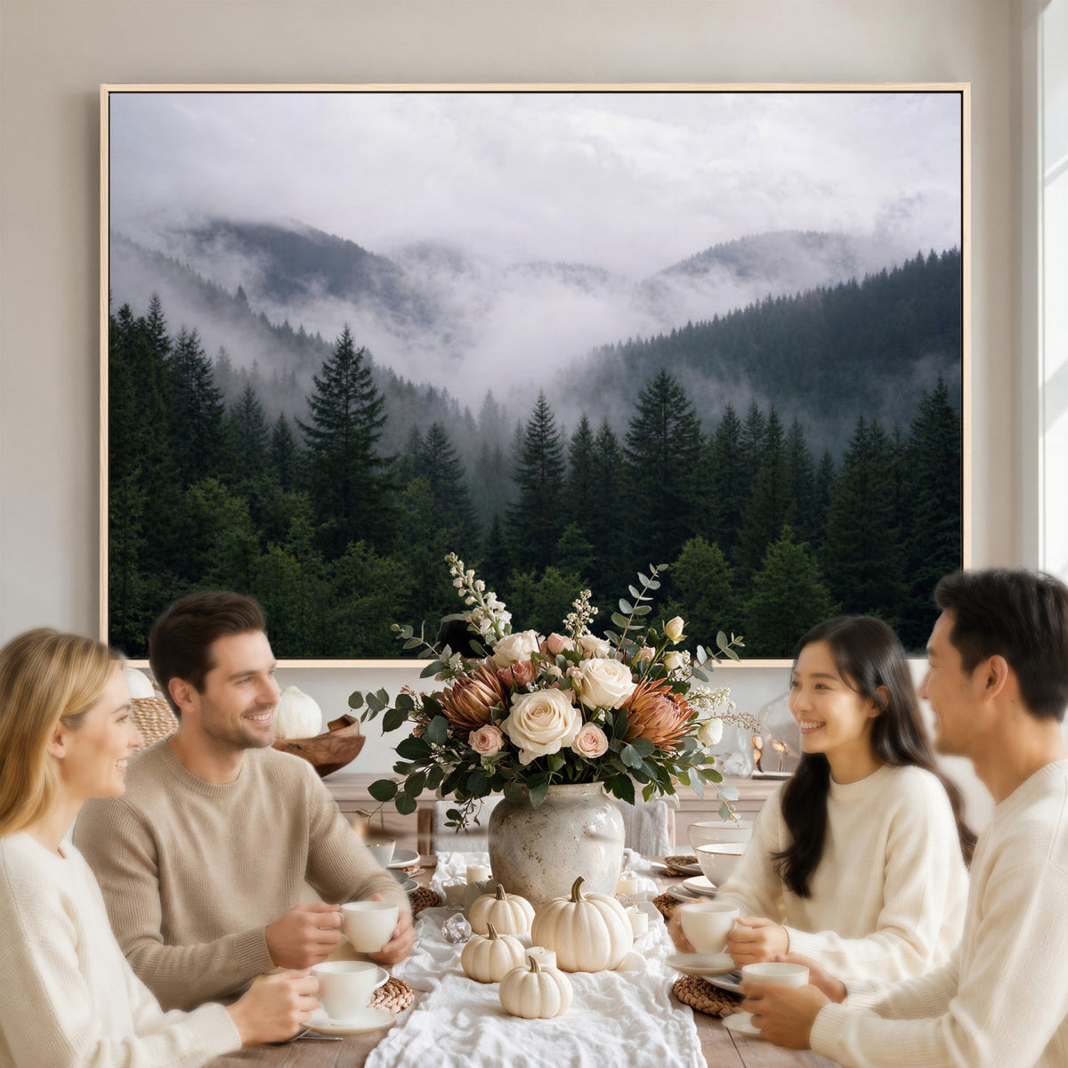 25432119-_Poster-30x20 - Misty Mountain Pine Forest Canvas Print 3 Piece Framed Wall Art Extra Large Floating Frame Nature Poster Made in USA