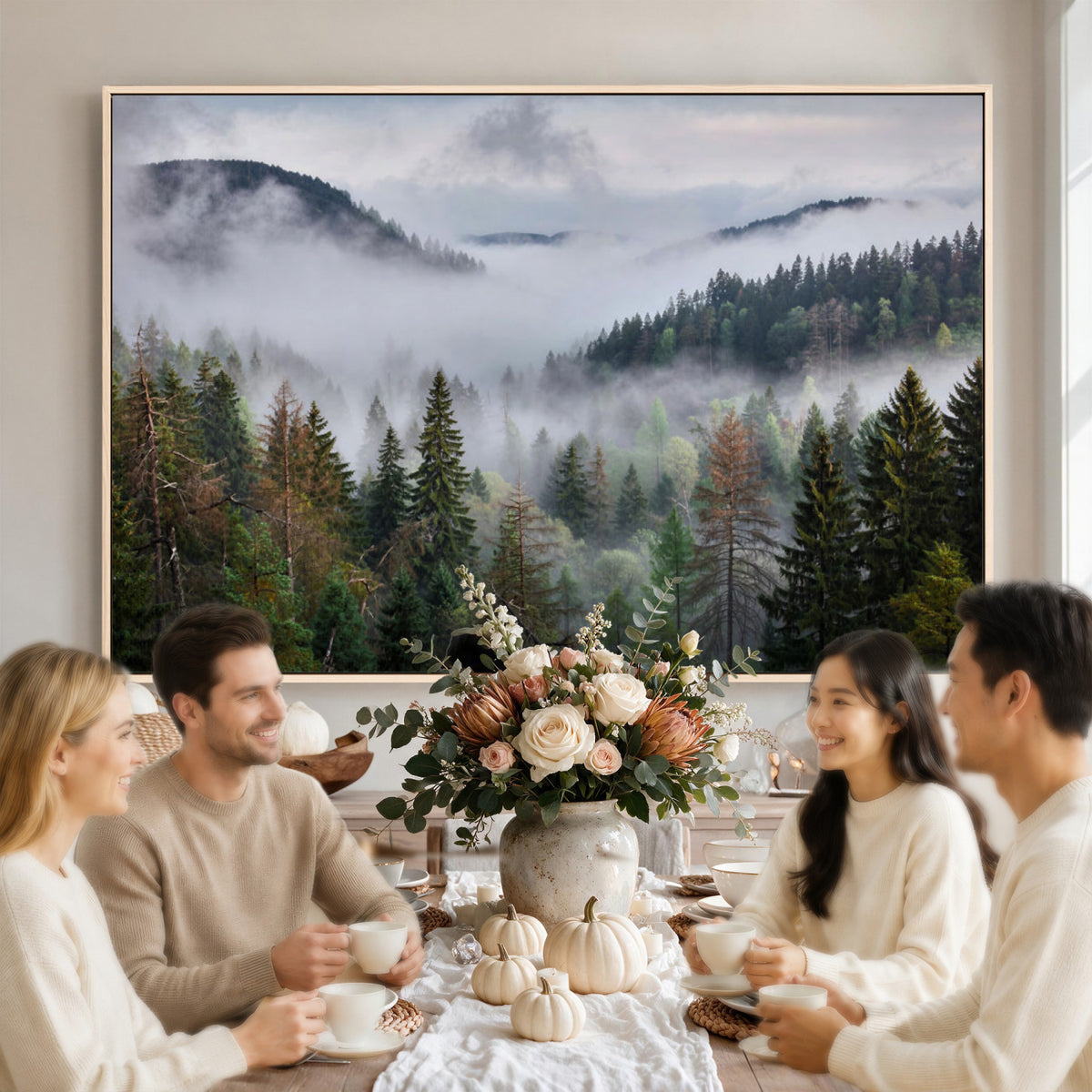 18735847-_Poster-30x20 - Foggy Pine Forest Mountain Canvas Print 3 Piece Framed Wall Art Extra Large Floating Frame Nature Poster Made in USA