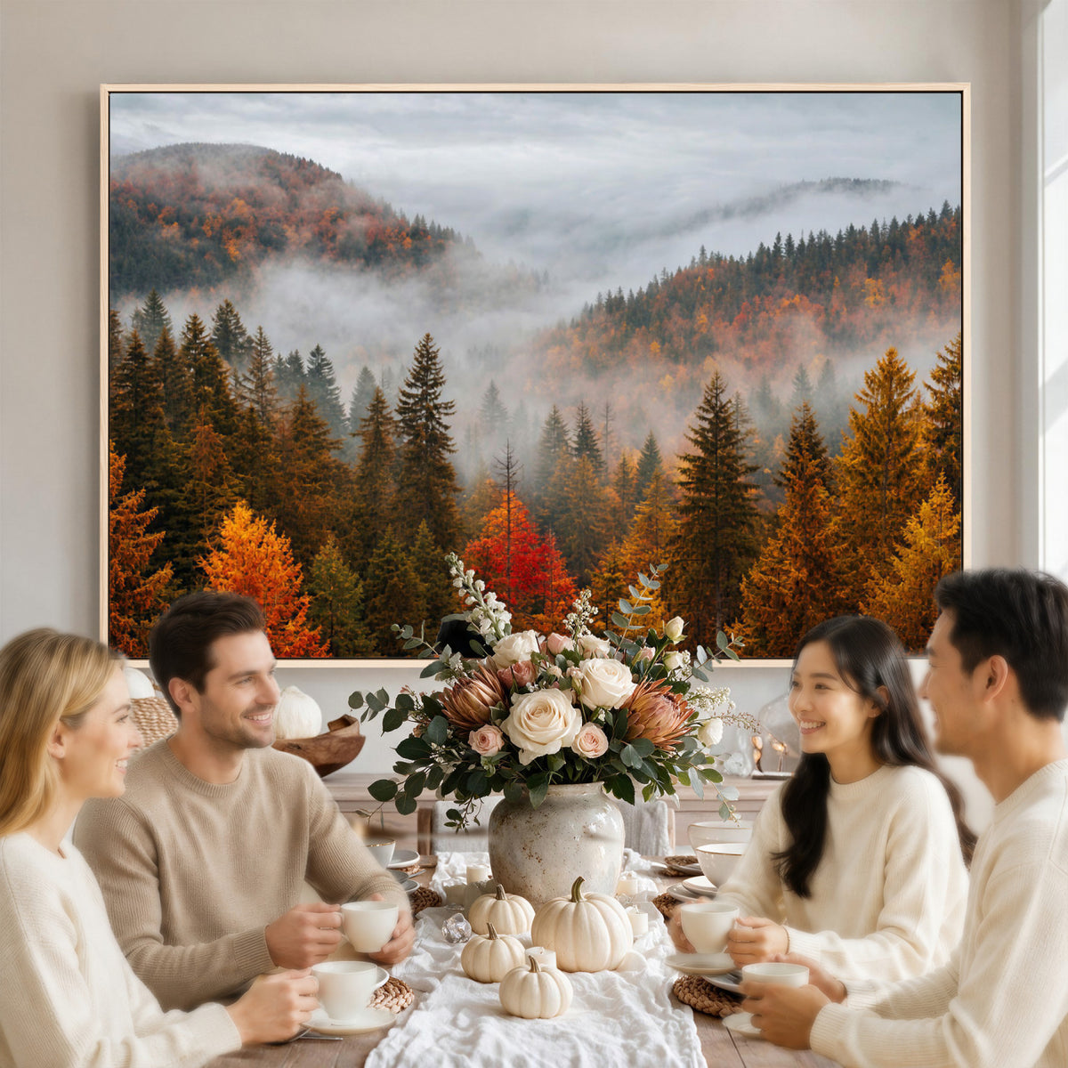 87481341-_Poster-30x20 - Foggy Autumn Mountain Canvas Print Smoky Pine Forest Wall Art Panoramic Nature Poster 3 Piece Made in USA