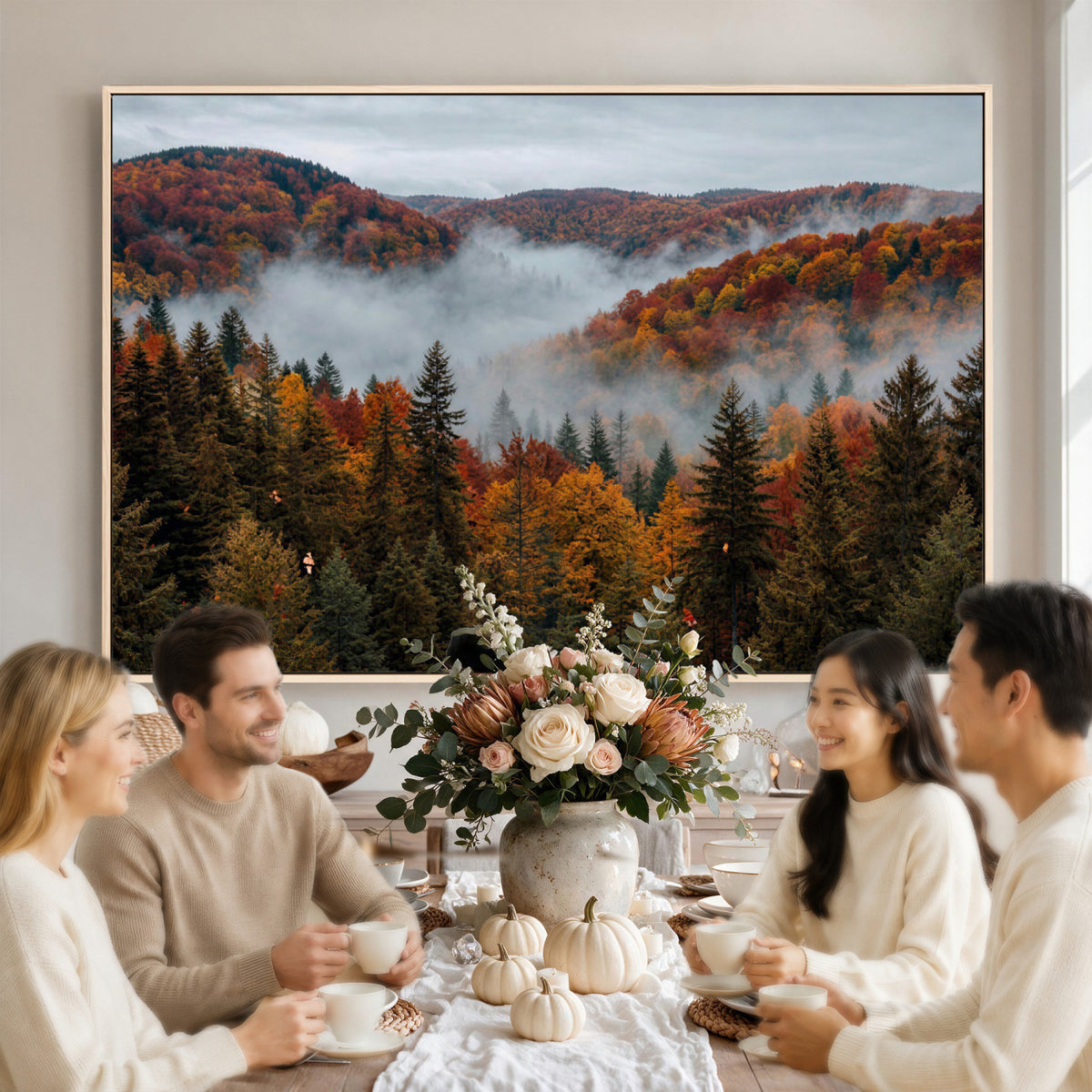 26686263-_Poster-30x20 - Misty Autumn Forest Mountain Canvas Print 3 Panel Wall Art Gallery Wrapped Floating Frame Poster Made in USA