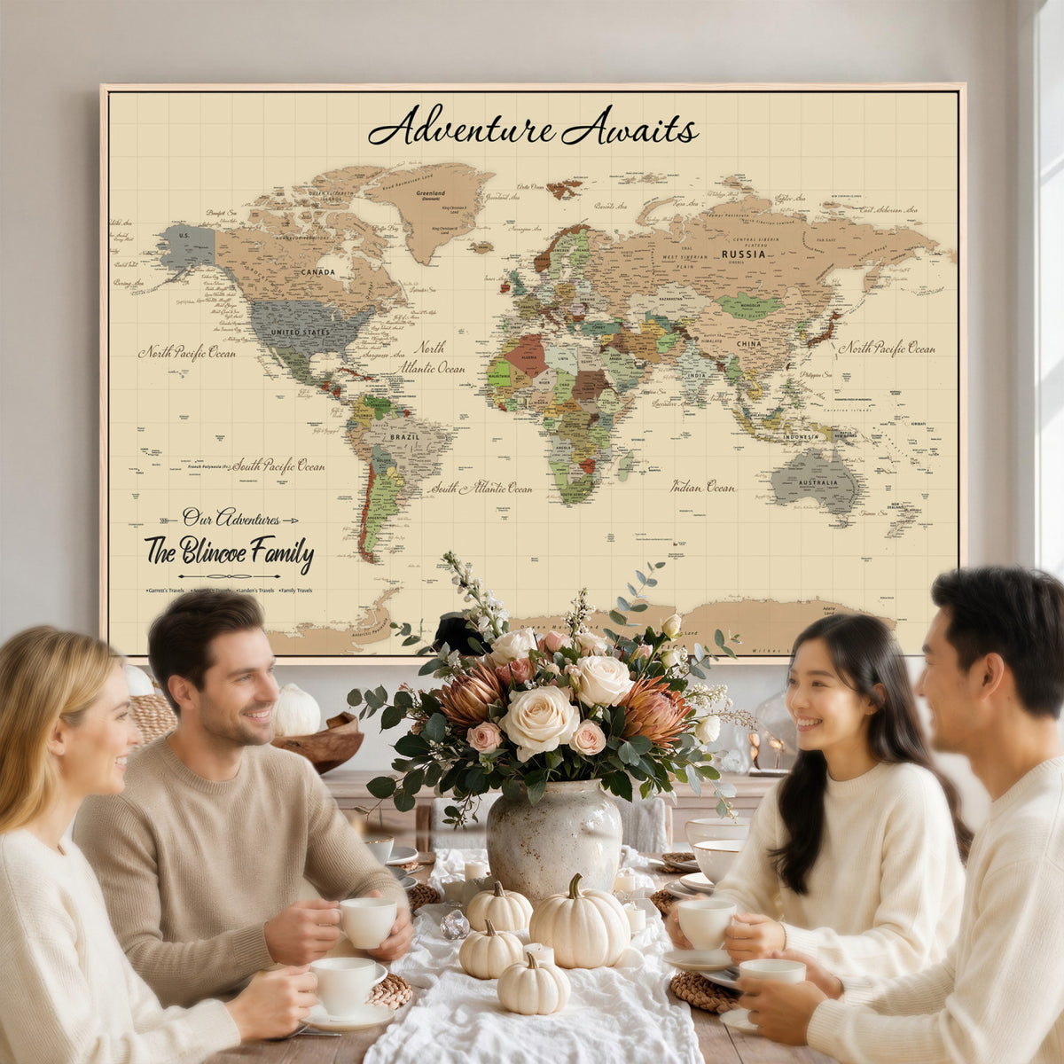 25730261D-MGV-CV-36X24 - Custom Push Pin World Map Wall Art Canvas Print | Personalized Travel Tracker with Pins Framed Large for Home and Office Decor