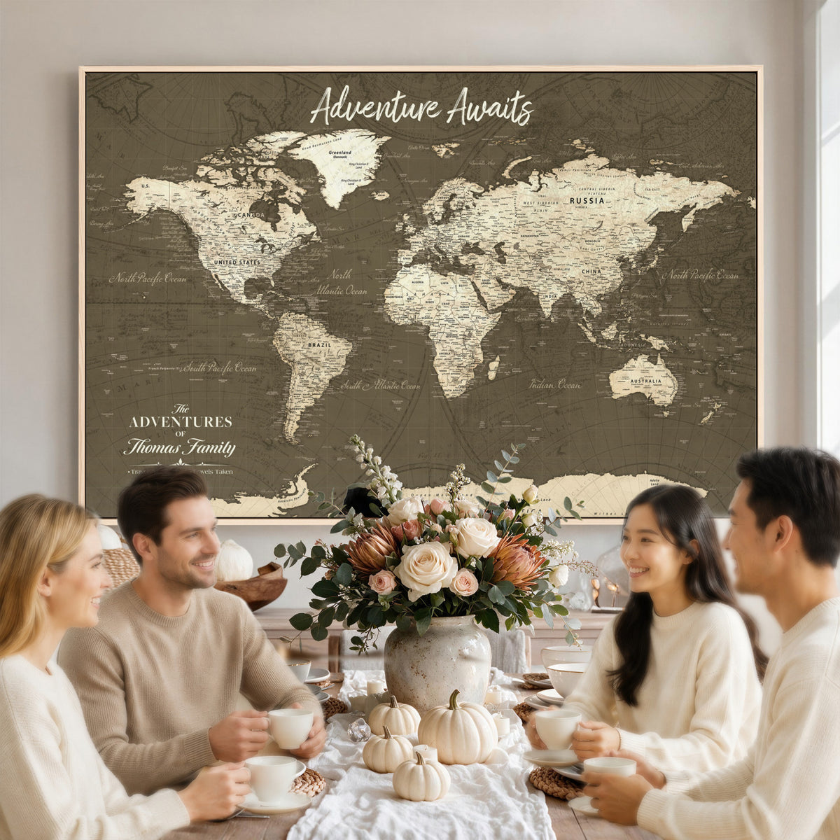 27762875D-MGV-CV-36X24 - Custom Push Pin World Map Wall Art Canvas Print | Personalized Travel Tracker with Pins Framed Large for Home and Office Decor