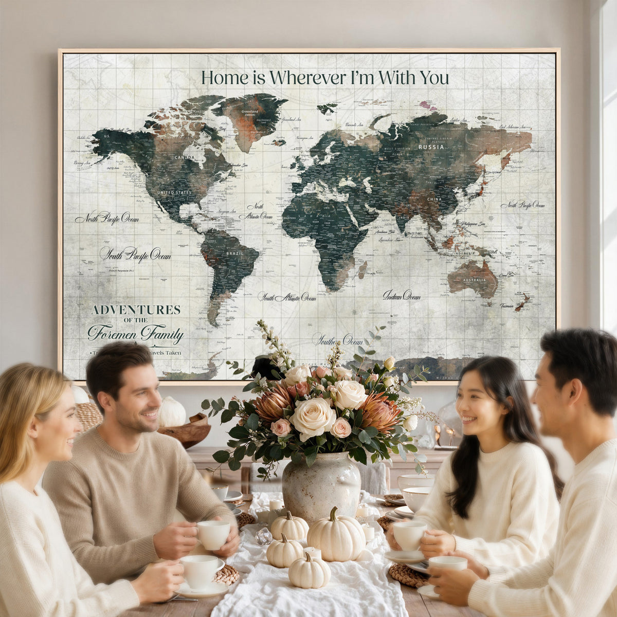 98050124D-MGV-CV-36X24 - Custom Push Pin World Map Wall Art Canvas Print | Personalized Travel Tracker with Pins Framed Large for Home and Office Decor