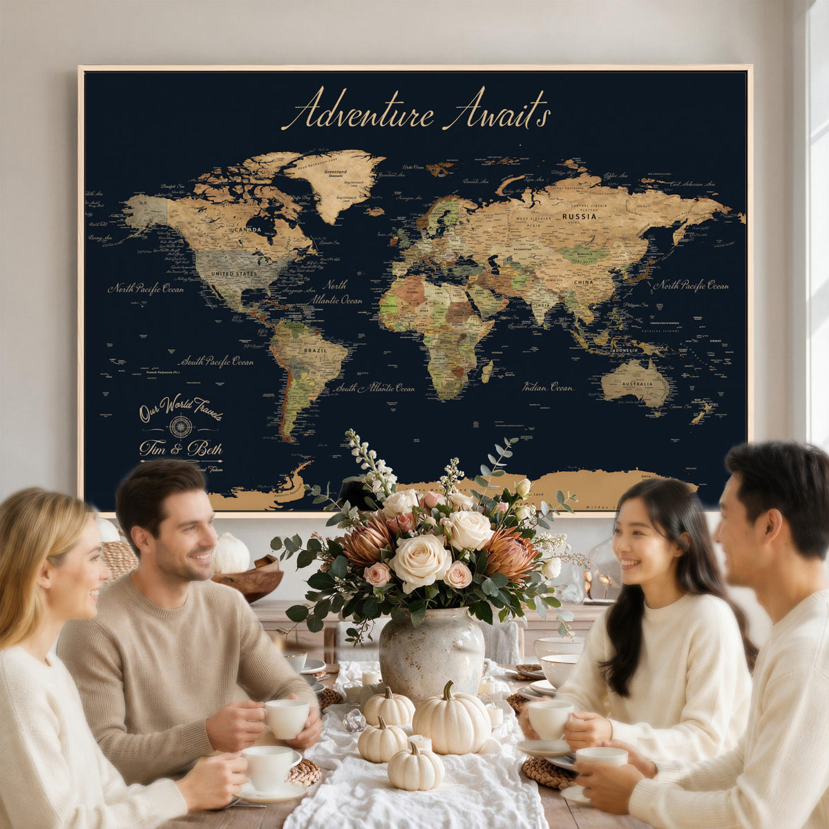 45739634D-MGV-CV-36X24 - Custom Push Pin World Map Wall Art Canvas Print | Personalized Travel Tracker with Pins Framed Large for Home and Office Decor