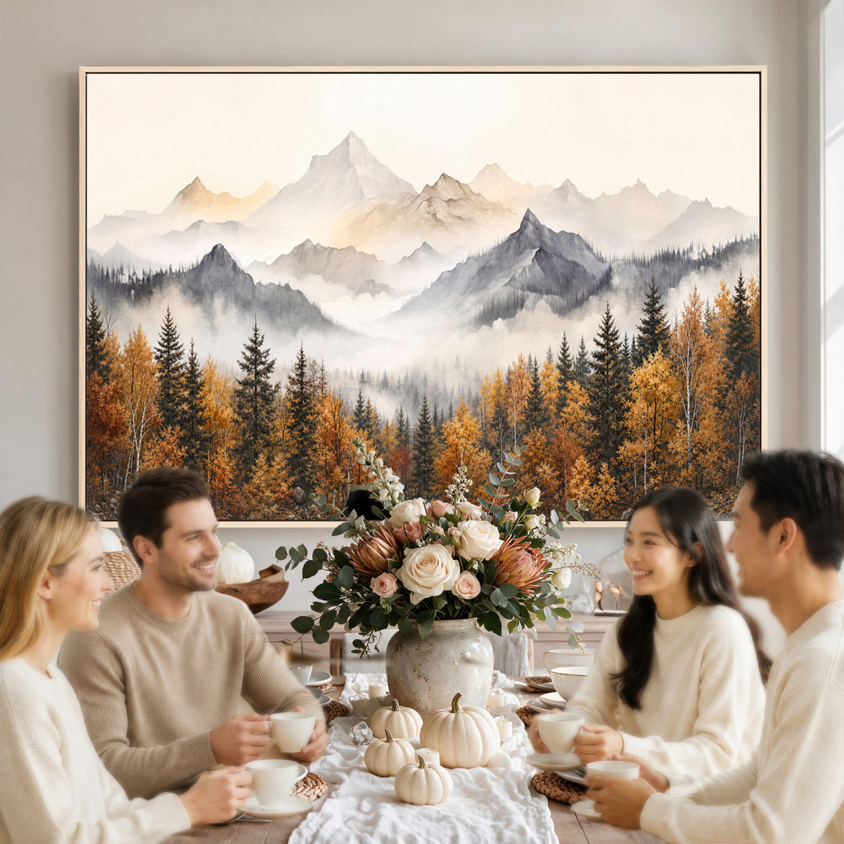 19544118-MGV-TP-30X20 - Misty Mountain Autumn Forest Canvas Wall Art - Watercolor Fall Nature Landscape Print
