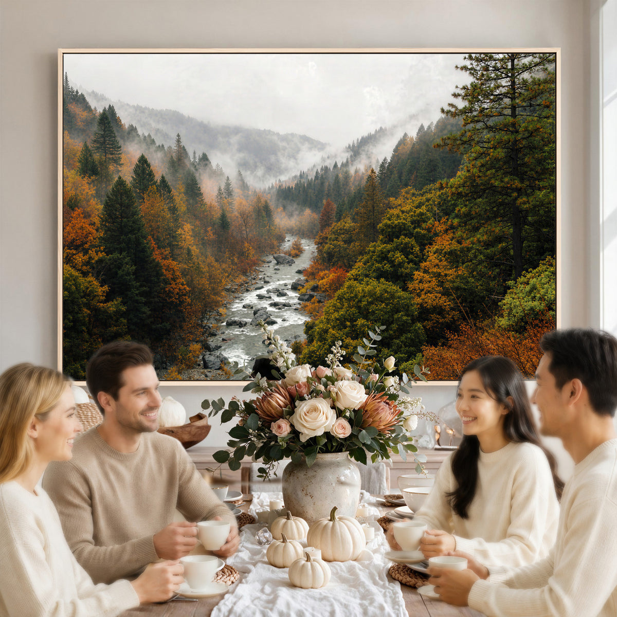 95540697-MGV-TP-30X20 - Misty River Mountain Valley Canvas Wall Art - Autumn Forest Landscape Nature Print