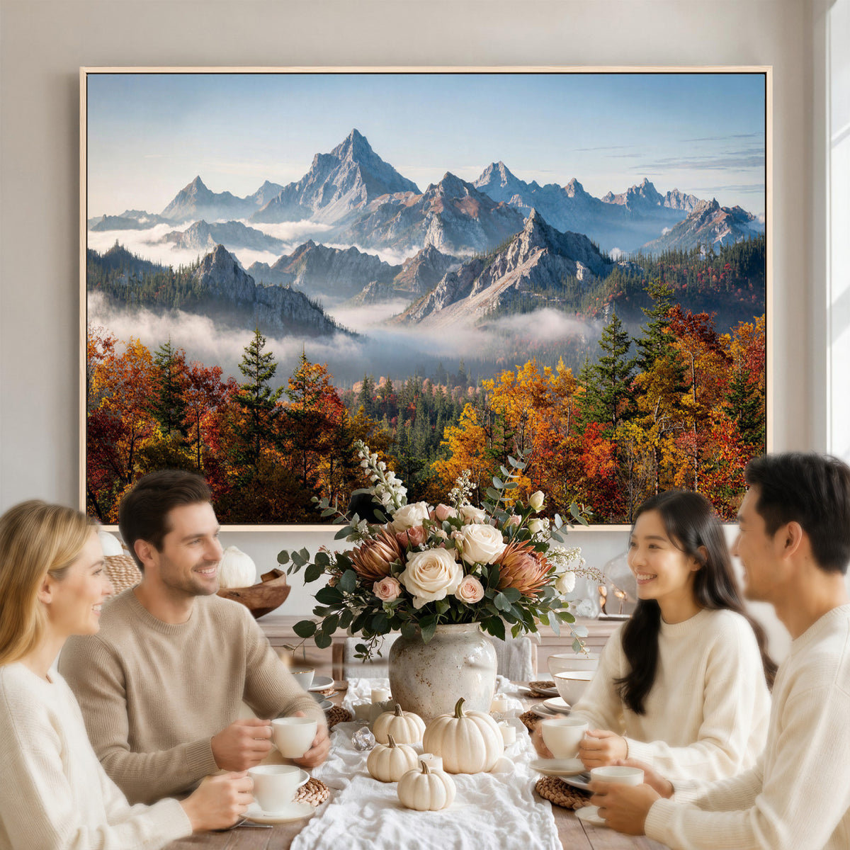 38847944-MGV-TP-30X20 - Majestic Mountain Peak Canvas Wall Art - Panoramic Autumn Forest Fog Landscape Print