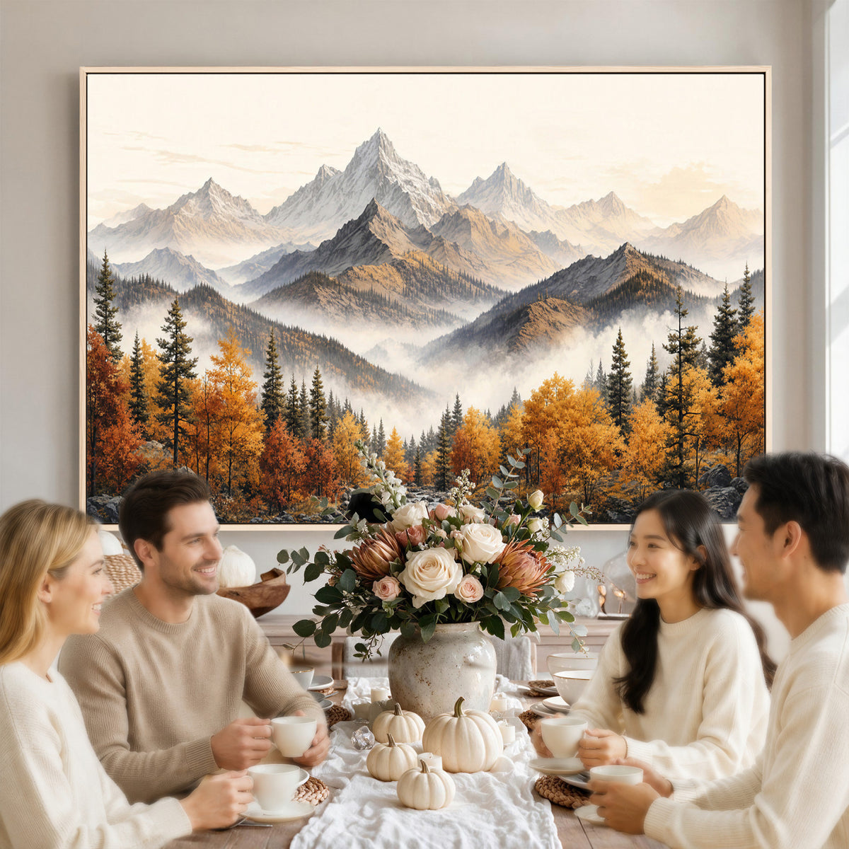 21309099-MGV-TP-30X20 - Extra Large Misty Mountain Autumn Forest Canvas Wall Art - Watercolor Fall Nature Landscape Print