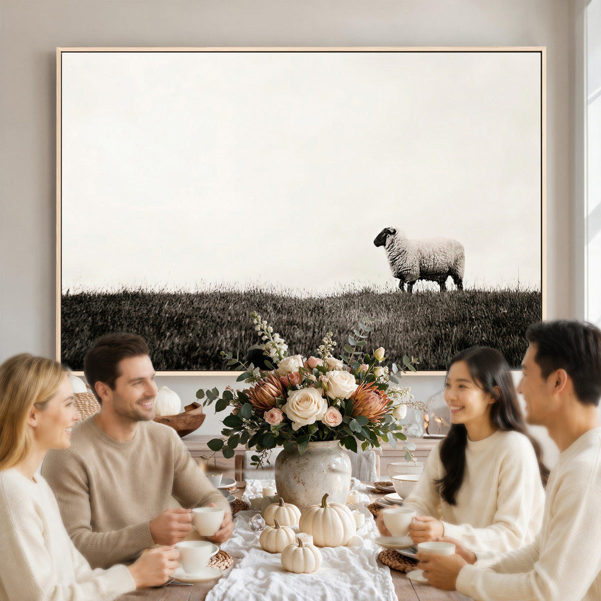 72749448-MGV-TP-30X20 - Minimalist Sepia Sheep Canvas Wall Art - Rustic Farmhouse Country Landscape Print