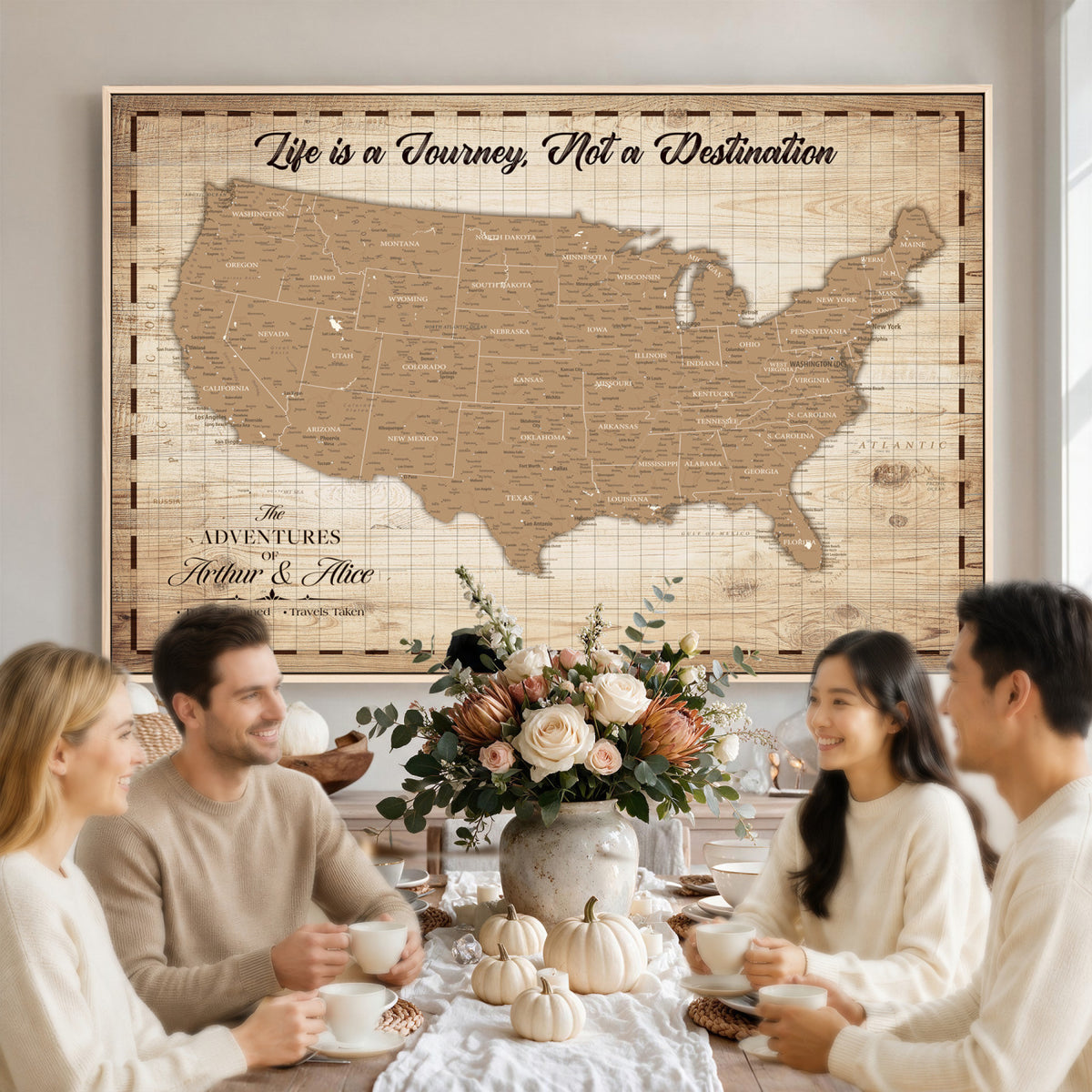 82934328-MGV-CV-36X24 - Custom USA Push Pin Travel Map Canvas Wall Art - Personalized Couples Gift Flat Digital Print