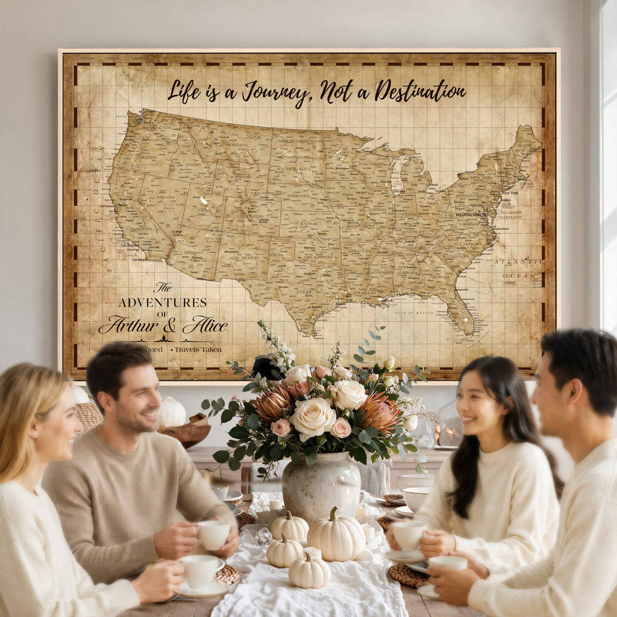 90686209-MGV-CV-36X24 - Custom USA Push Pin Travel Map Canvas Wall Art - Personalized Couples Gift Flat Digital Print