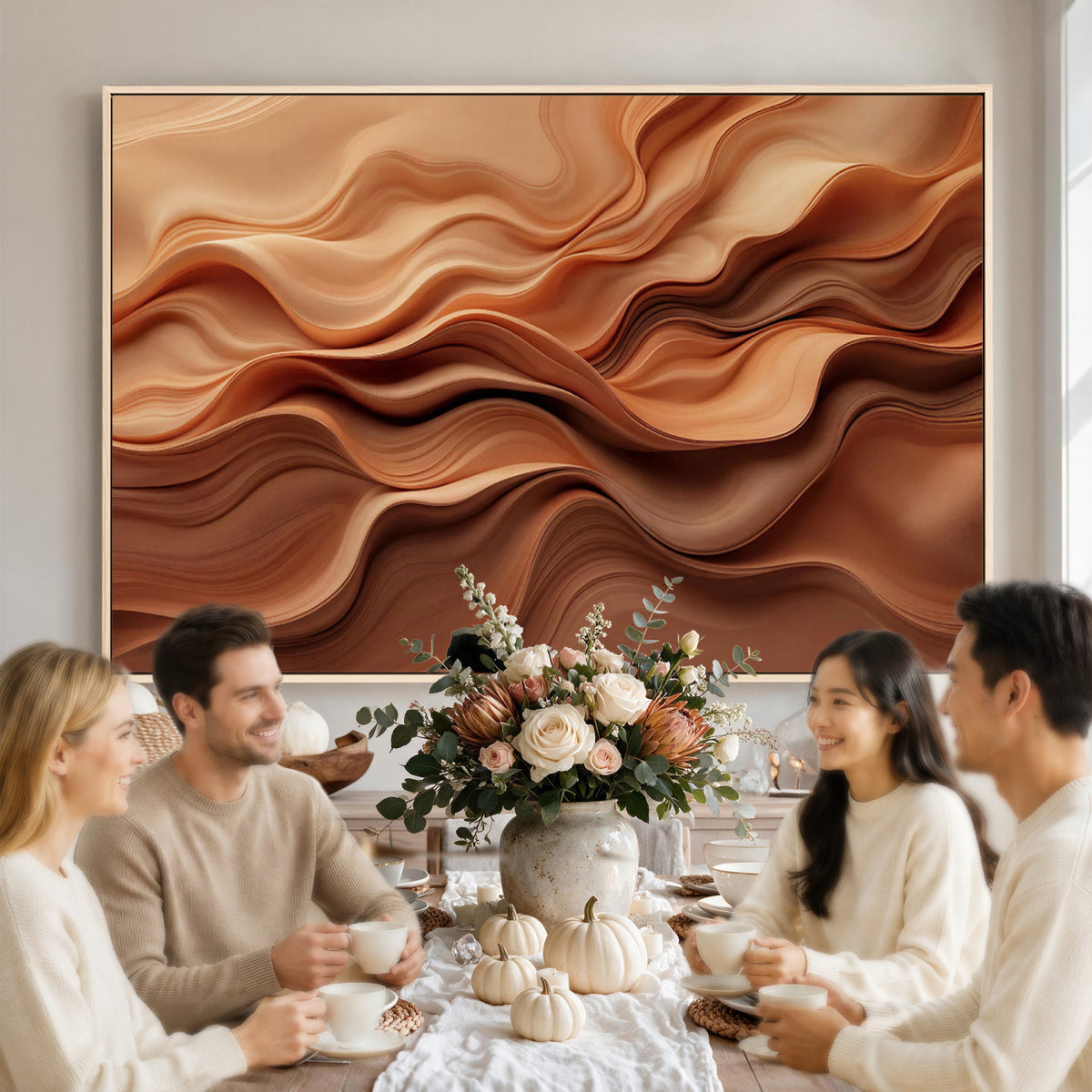 82230697-MGV-CV-36X24 - Modern Abstract Fluid Waves Canvas Wall Art - Minimalist Warm Terracotta Beige Sand Print
