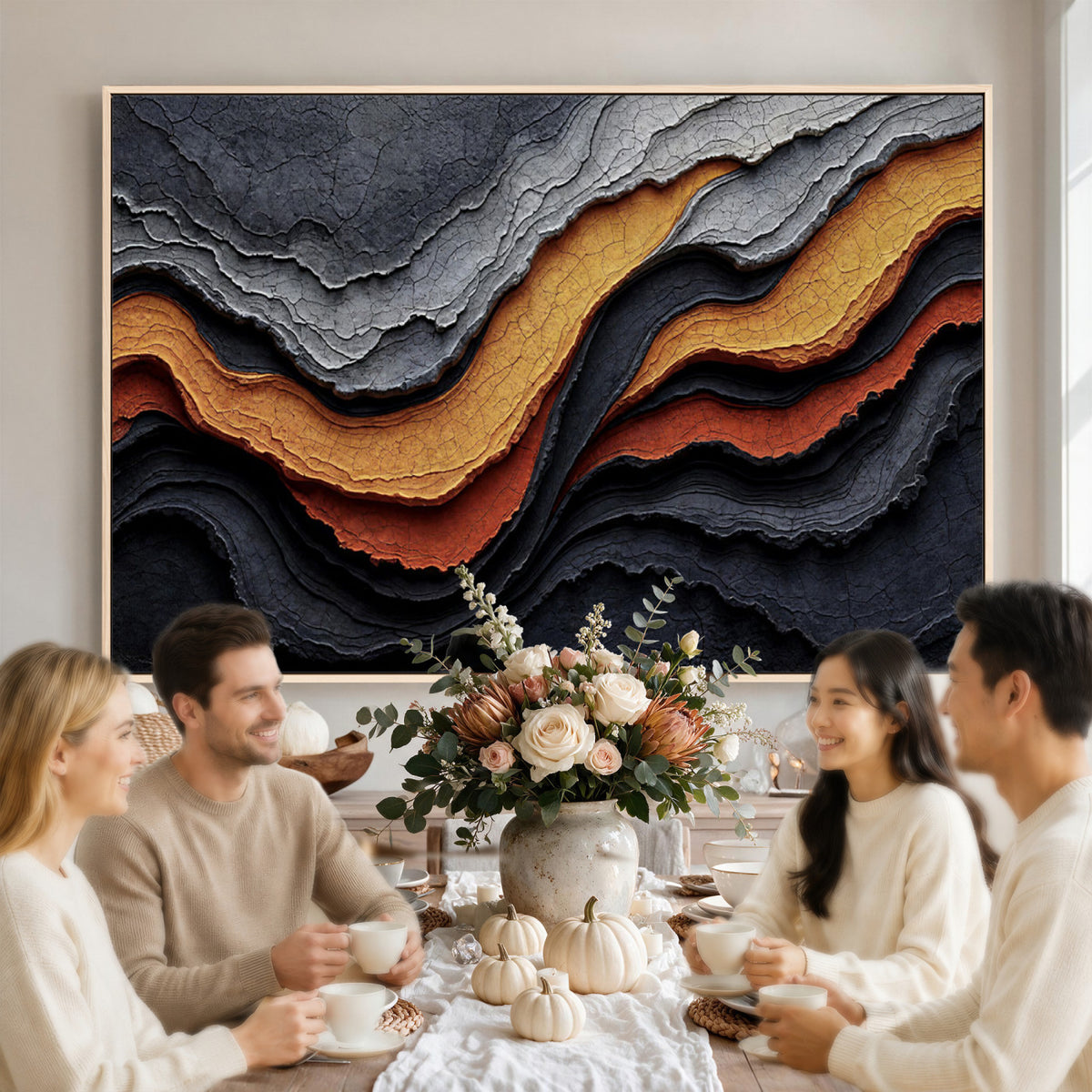 59852489-MGV-CV-36X24 - Abstract Waves Canvas Wall Art - Modern Terracotta and Charcoal Gray Print
