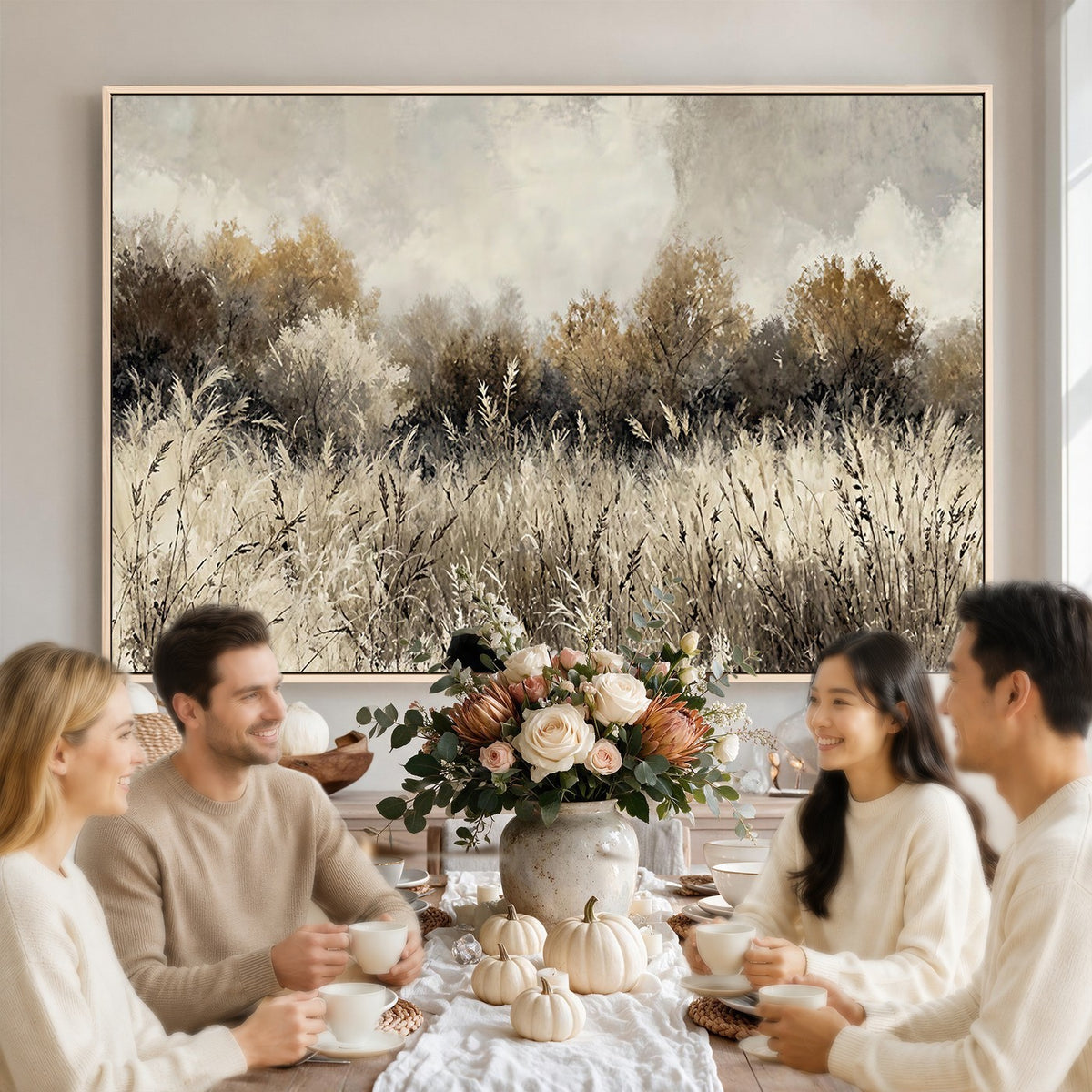 53959945-_Poster-30x20 - Muted Neutral Forest Landscape Canvas Wall Art - Vintage Rustic Wildflower Meadow Print