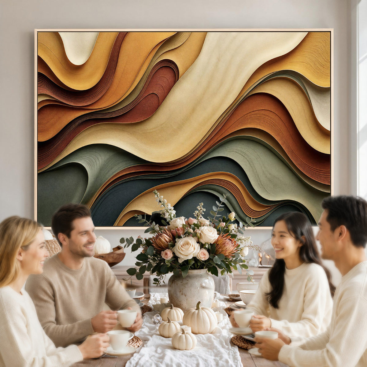 19337902-MGV-CV-36X24 - Modern Abstract Waves Canvas Wall Art - Minimalist Earthy Tone Living Room Decor