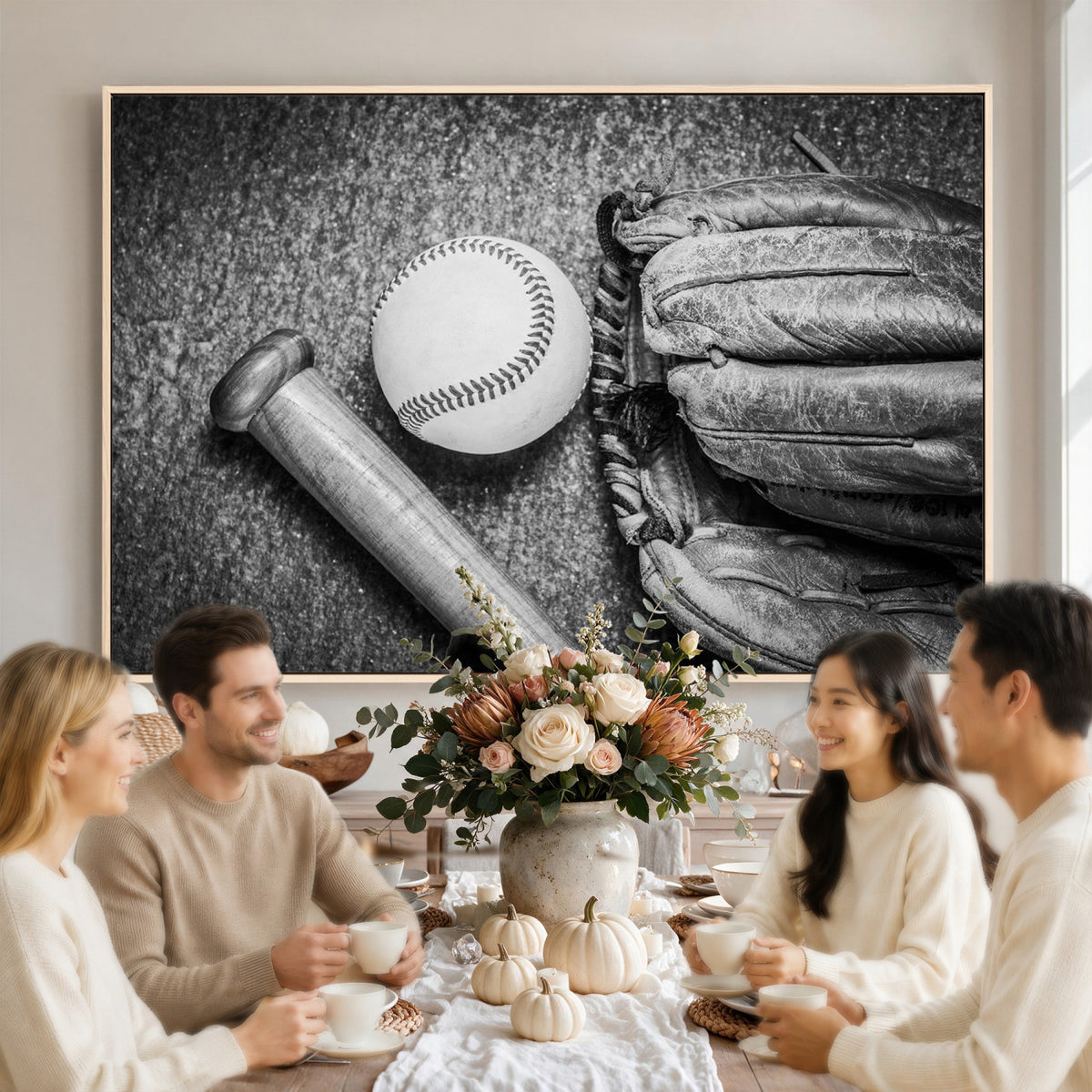 83916D-MGV-CV-36X24 - Vintage Baseball Glove and Bat Sports Wall Art Canvas Print