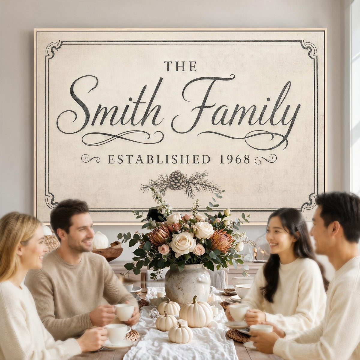 Family name sign with script lettering on the wall