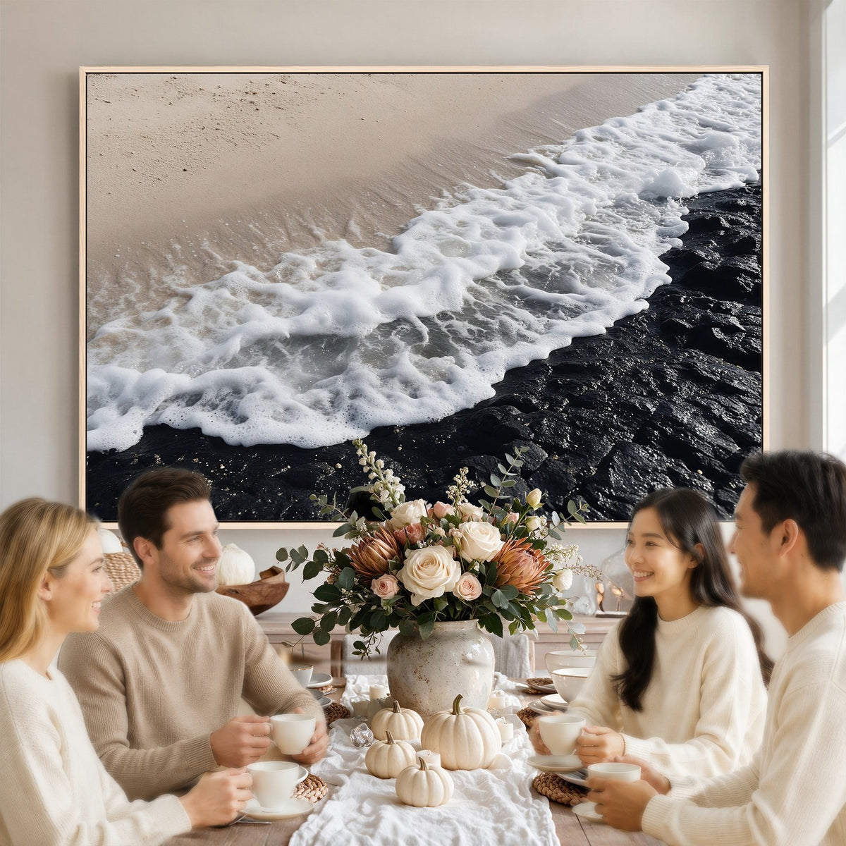 27448606-MGV-CV-24X16 - Ocean Wave Foam on Black Lava Rock Beach Canvas Wall Art Print