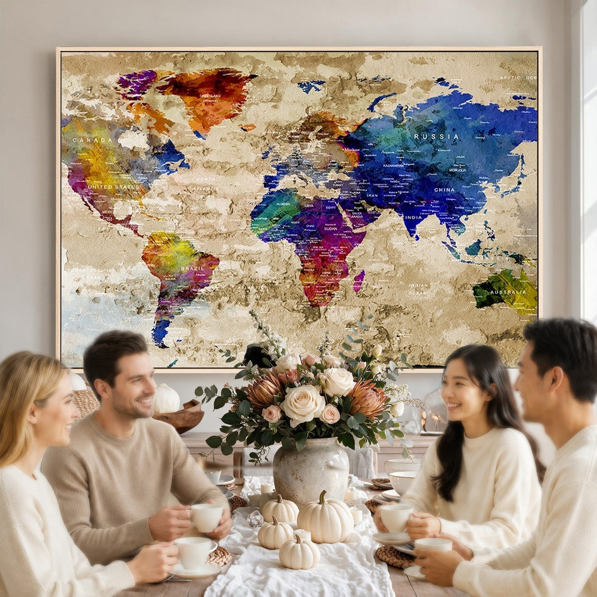 Colorful World Map Canvas Wall Art | Abstract Watercolor Map Print
