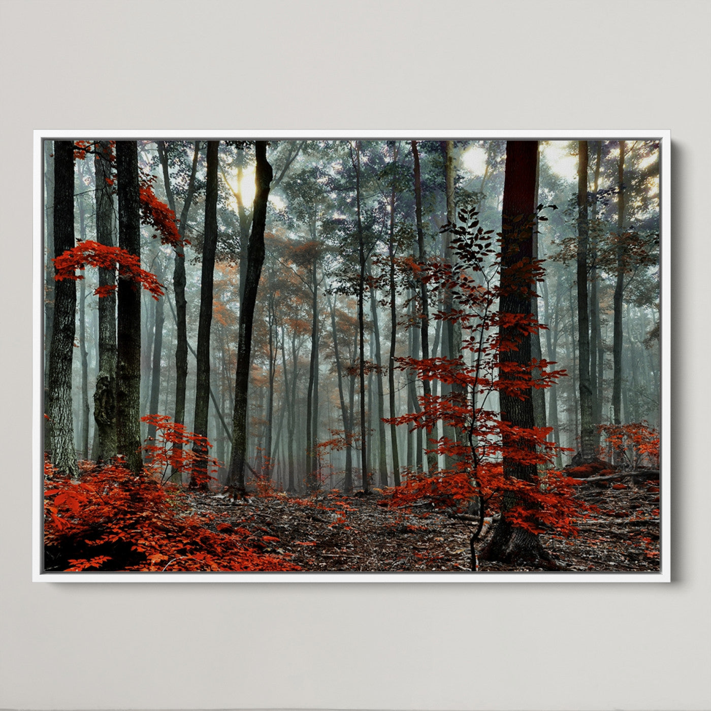 59209-MGV-CV-36X24-Autumn Forest Canvas Wall Art – Enchanting Red Leaves Triptych Print – Nature-Inspired Decor for Living Room or Office – Ready to Hang
