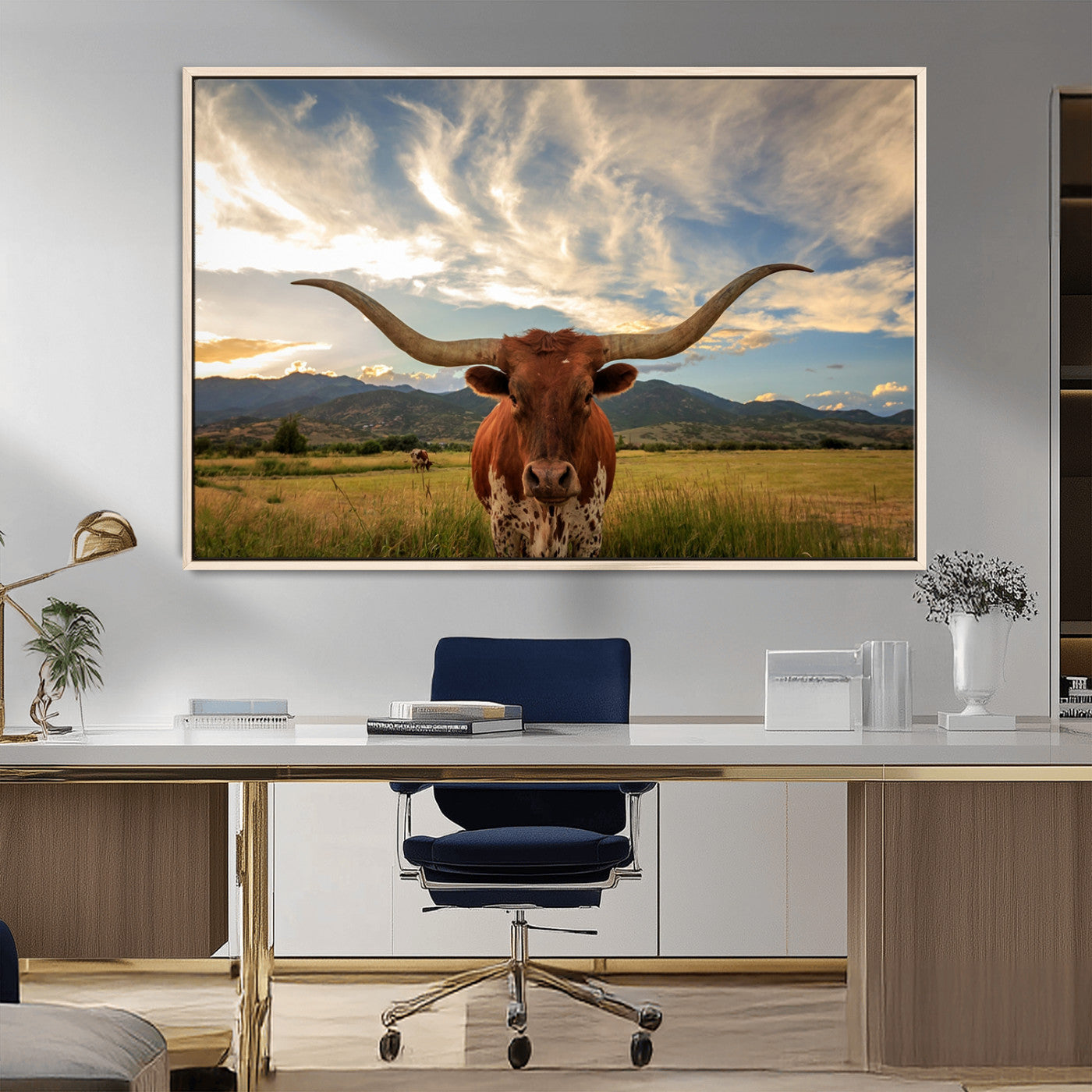 MGV-FC-36X24 - Texas Longhorn Canvas Wall Art – Majestic Triptych Animal Print – Rustic Western Decor for Living