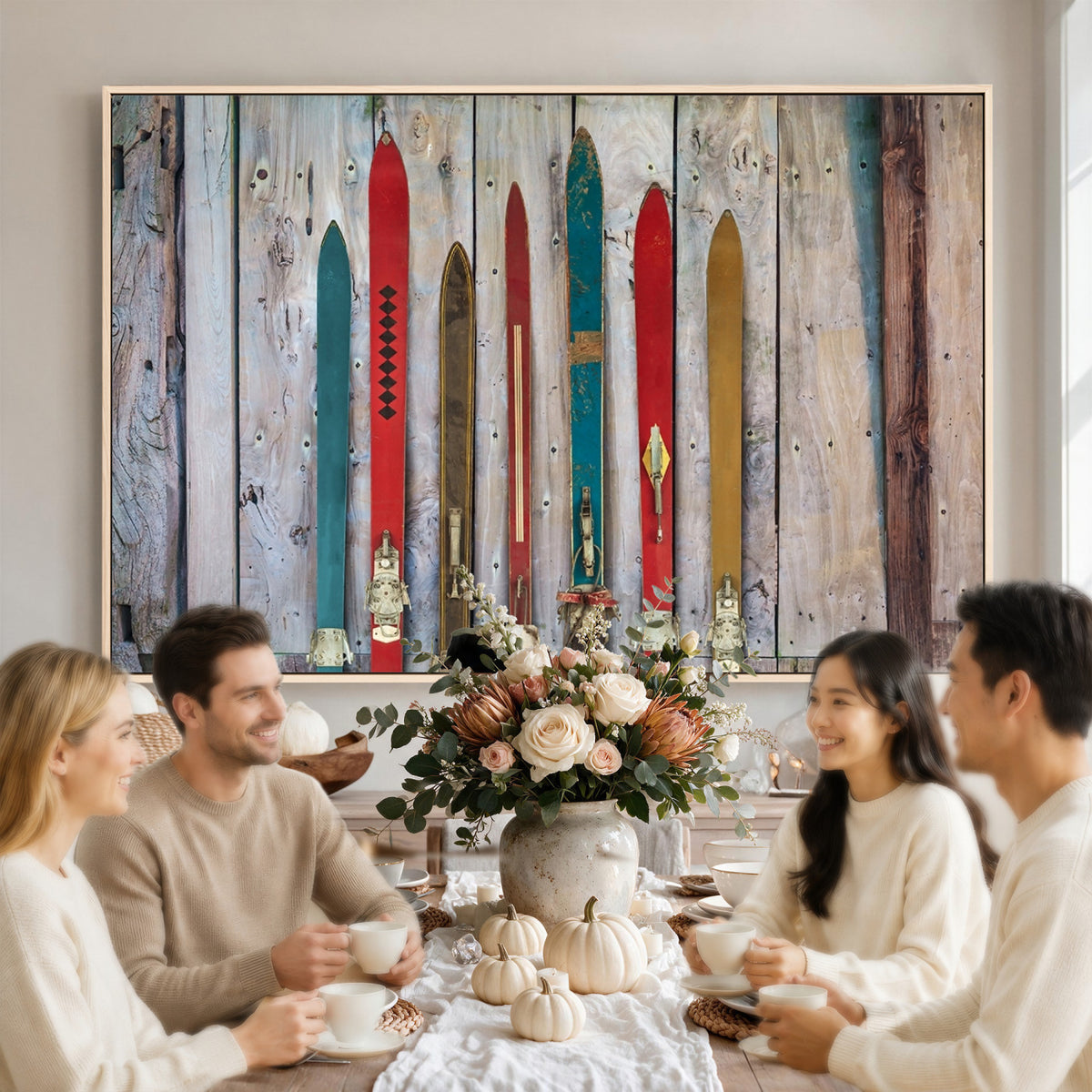 30640-MGV-CV-36X24 - Vintage Wooden Weathered Skis in Front of an Old Barn Wall Art Canvas Print